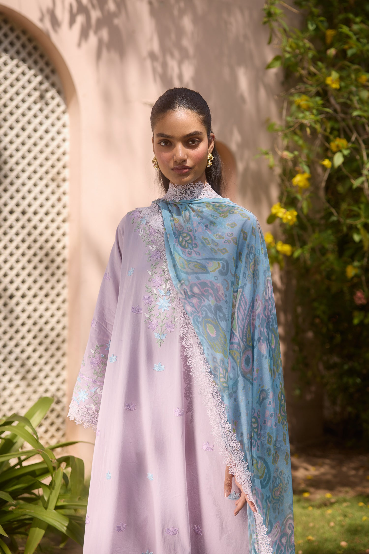 Lavender Cotton Aari Pheran Set with Wide Palazzo Pants