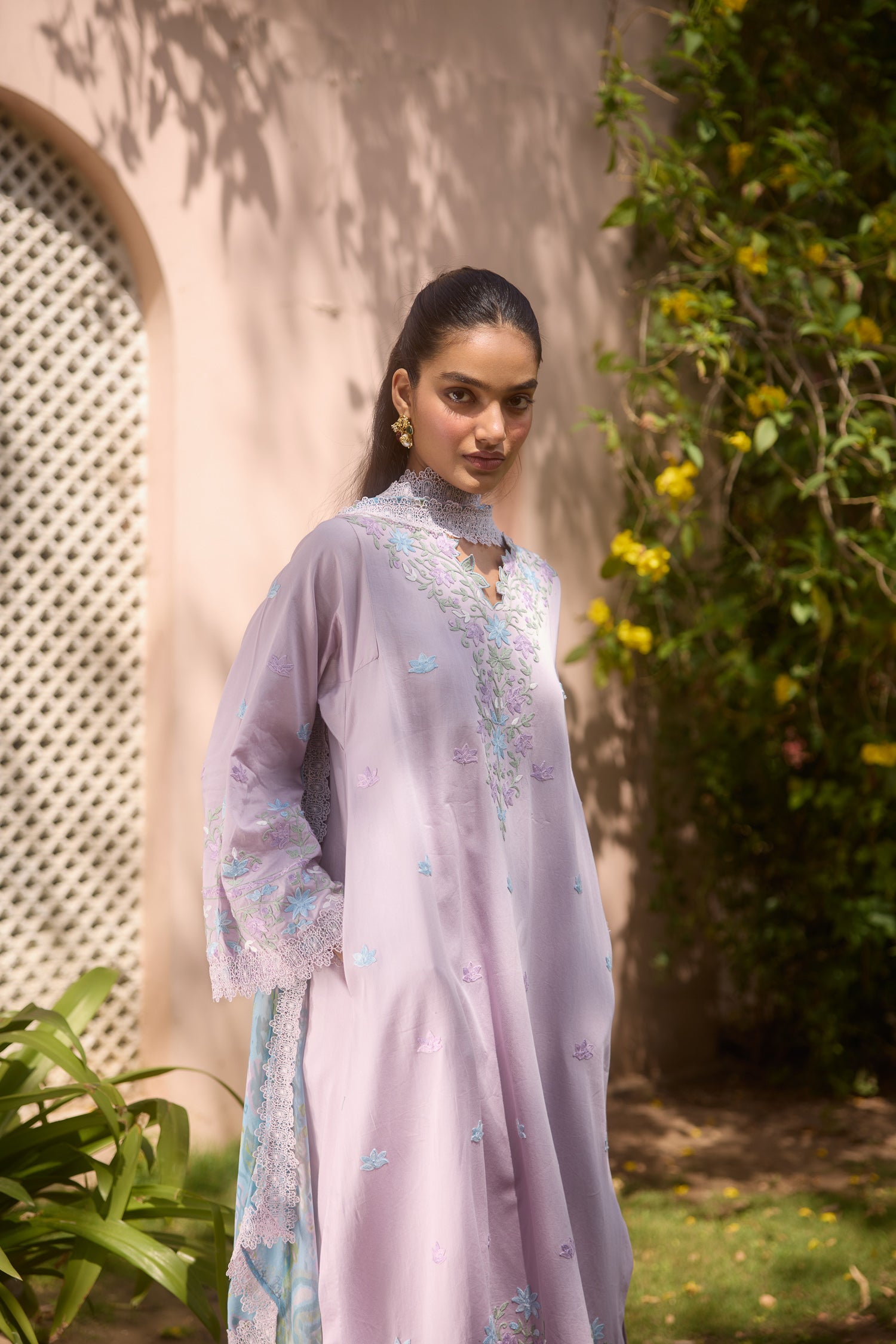 Lavender Cotton Aari Pheran Set with Wide Palazzo Pants