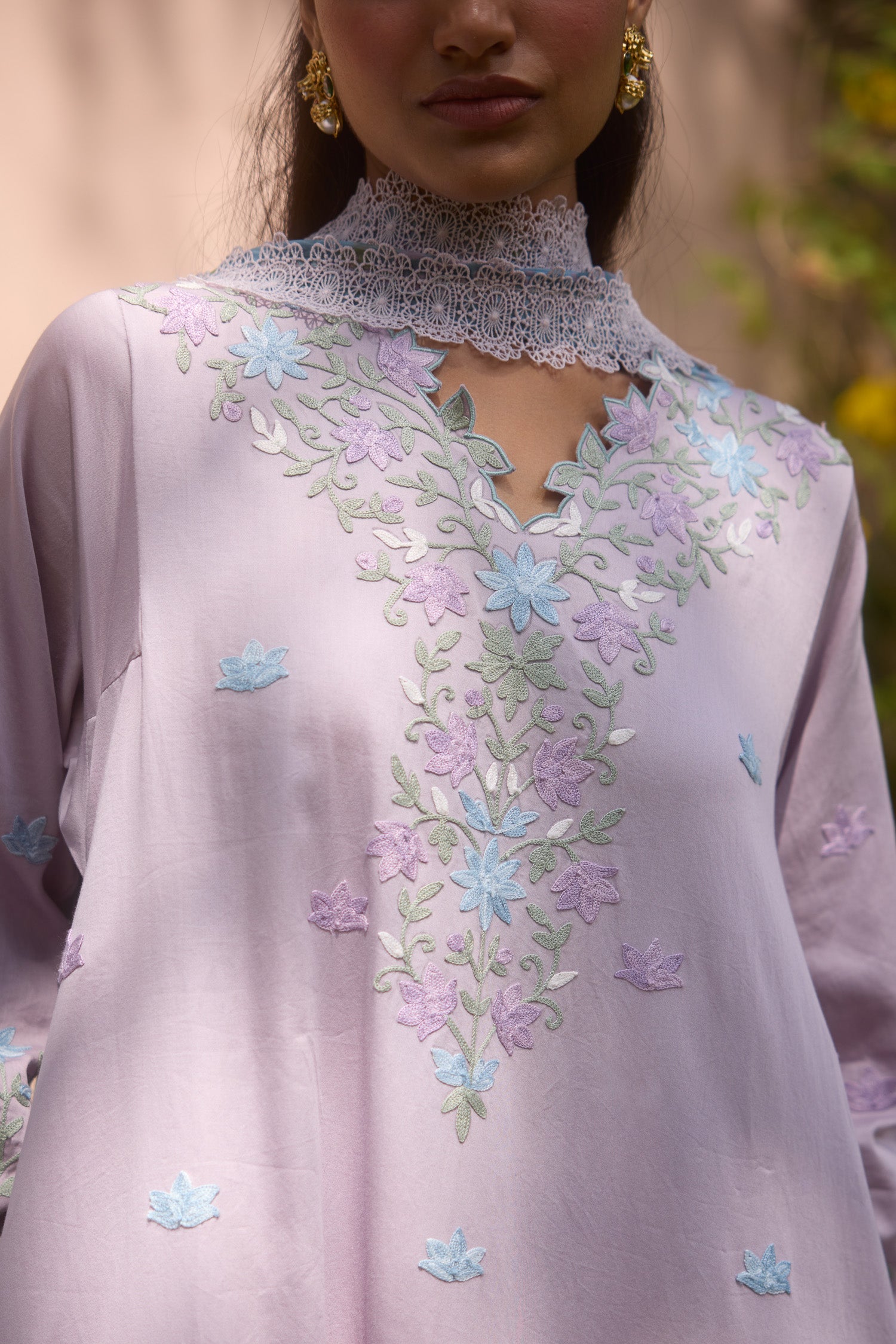 Lavender Cotton Aari Pheran Set with Wide Palazzo Pants