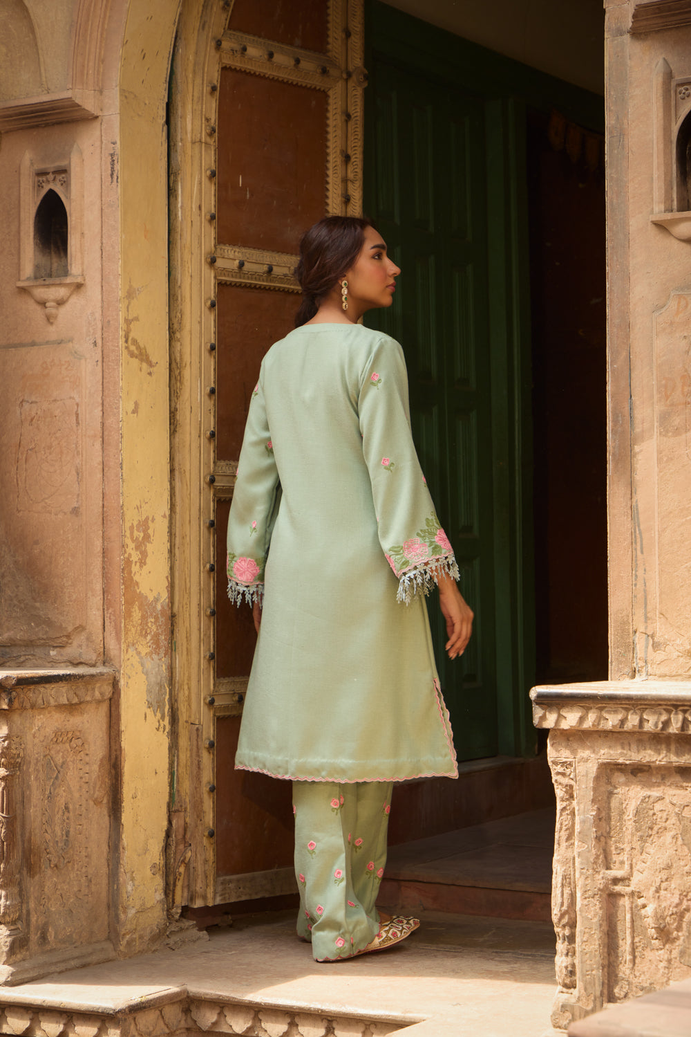 Naughar Sage Green Pashmina Wool Kurta Set With Booti Embroidered Flared Pants