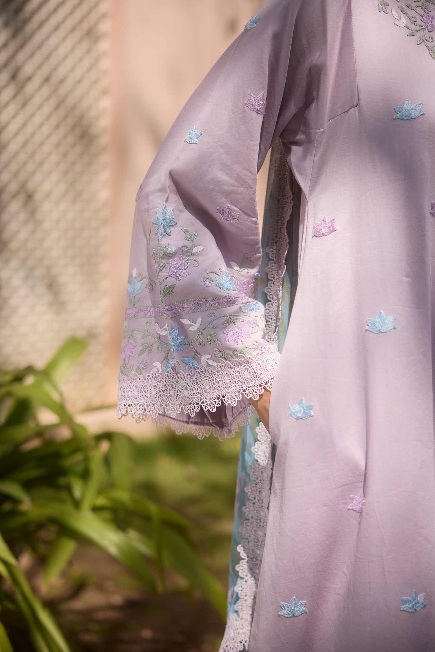 Lavender Cotton Aari Pheran Set with Wide Palazzo Pants