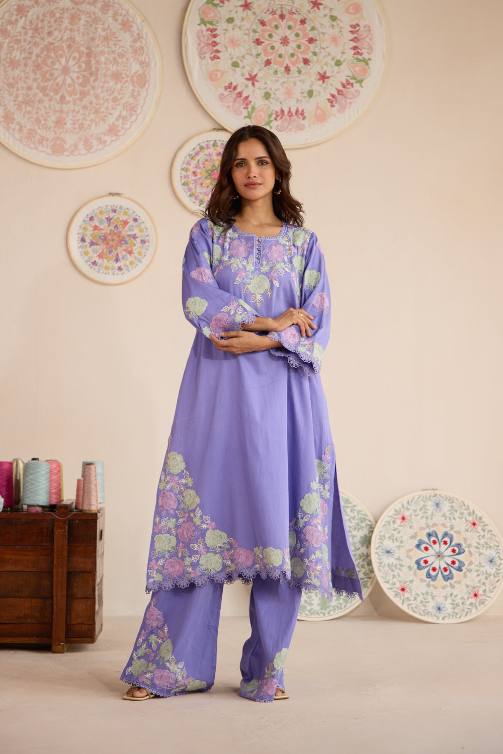 Reet Lavender Cotton Aari kurta Set with Flared Pants & Organza Dupatta