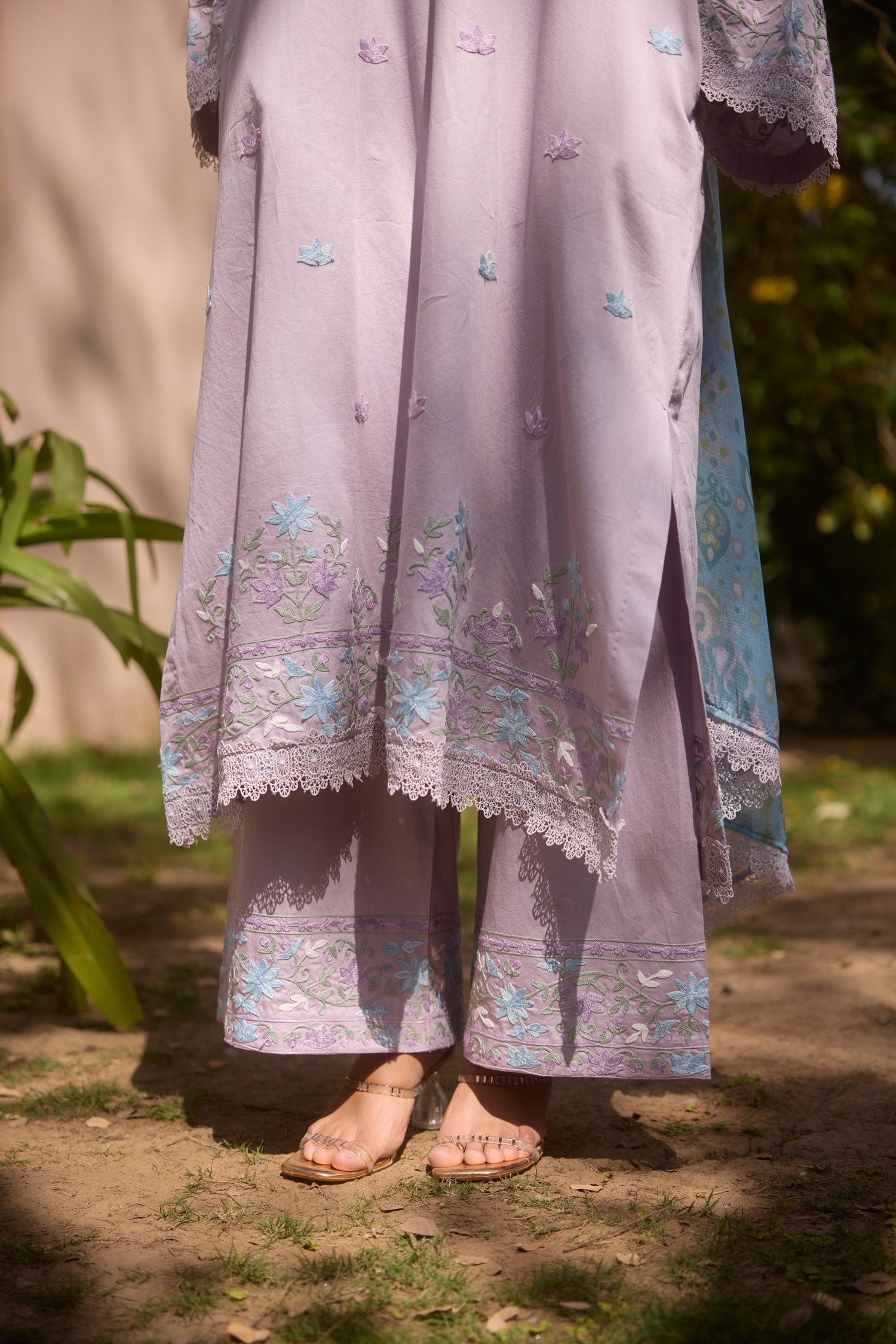 Lavender Cotton Aari Pheran Set with Wide Palazzo Pants
