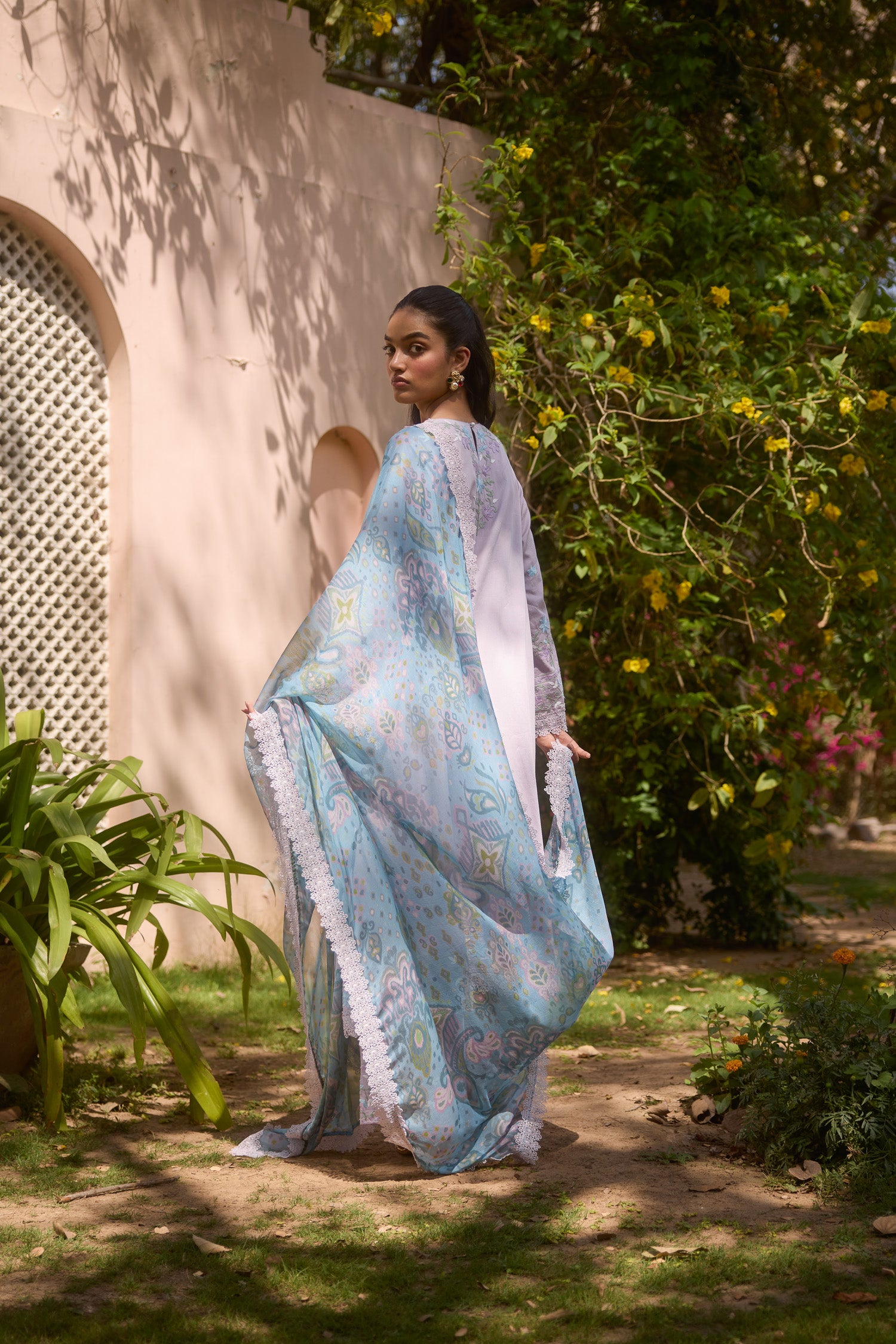 Lavender Cotton Aari Pheran Set with Wide Palazzo Pants