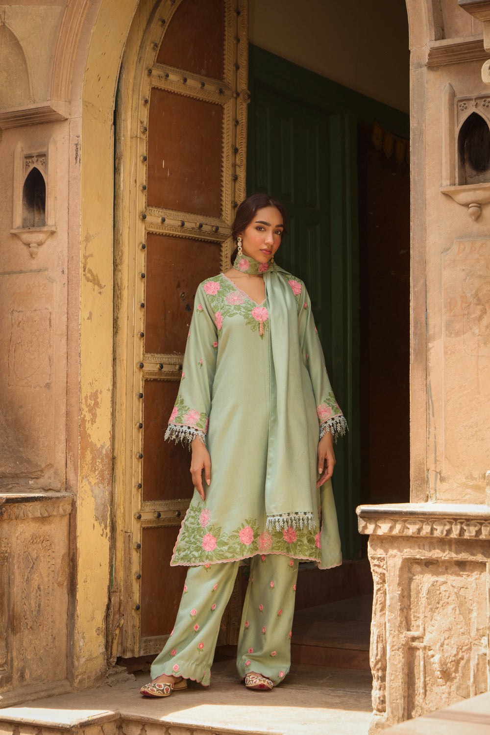 Naughar Sage Green Pashmina Wool Kurta Set With Booti Embroidered Flared Pants