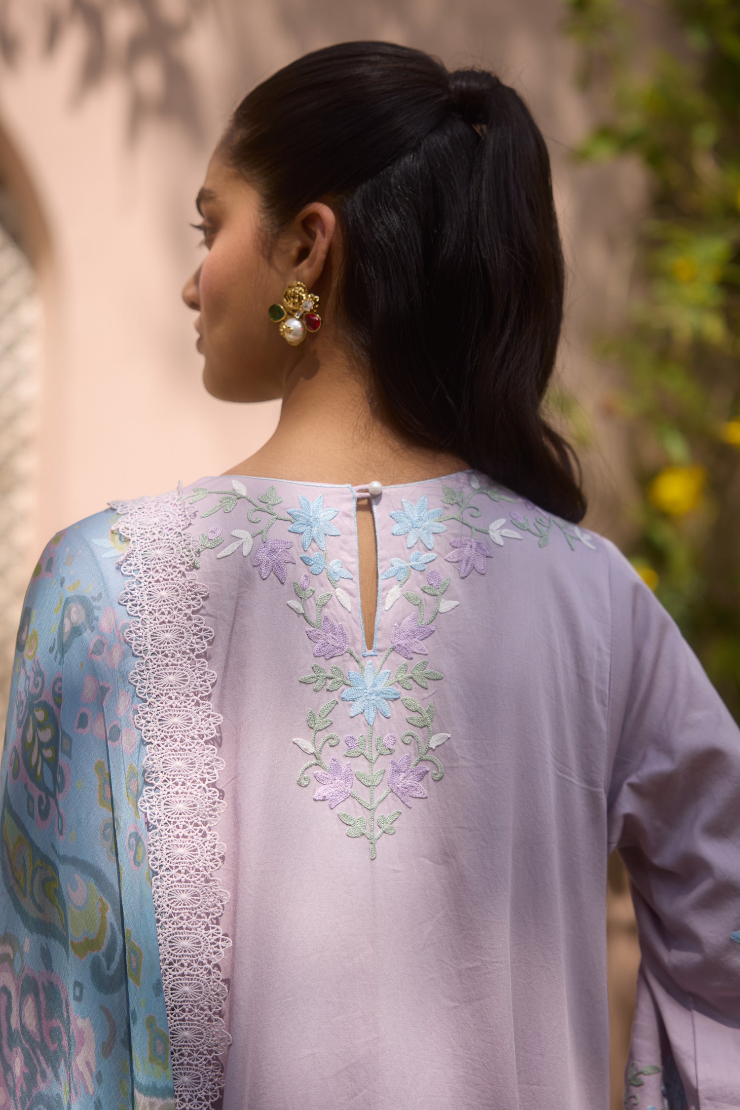 Lavender Cotton Aari Pheran Set with Wide Palazzo Pants
