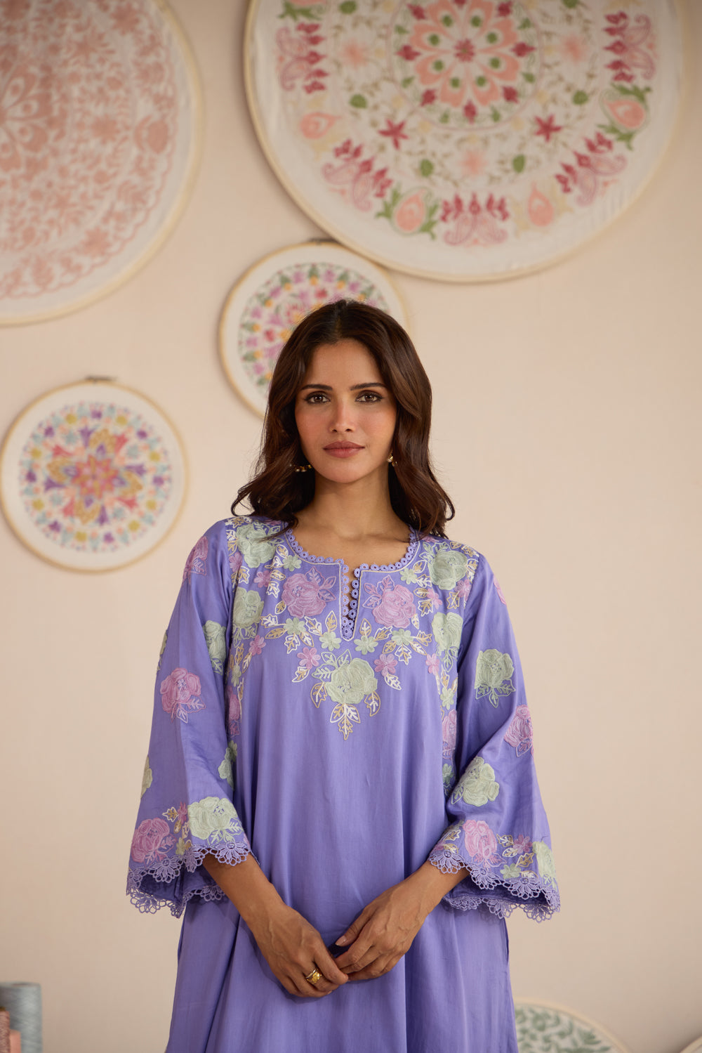 Reet Lavender Cotton Aari kurta Set with Flared Pants & Organza Dupatta