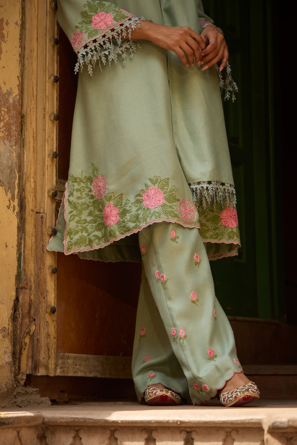 Naughar Sage Green Pashmina Wool Kurta Set With Booti Embroidered Flared Pants