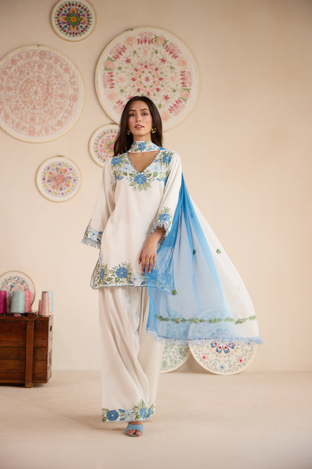 Aaina White & Blue Cotton Aari Kurta Set with Farshi Salwar & Pleat Dupatta