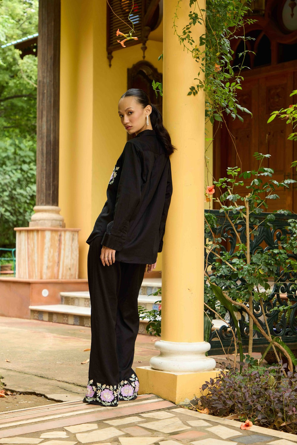 Black Linen Co-ord Set with Flared Embroidered Pants