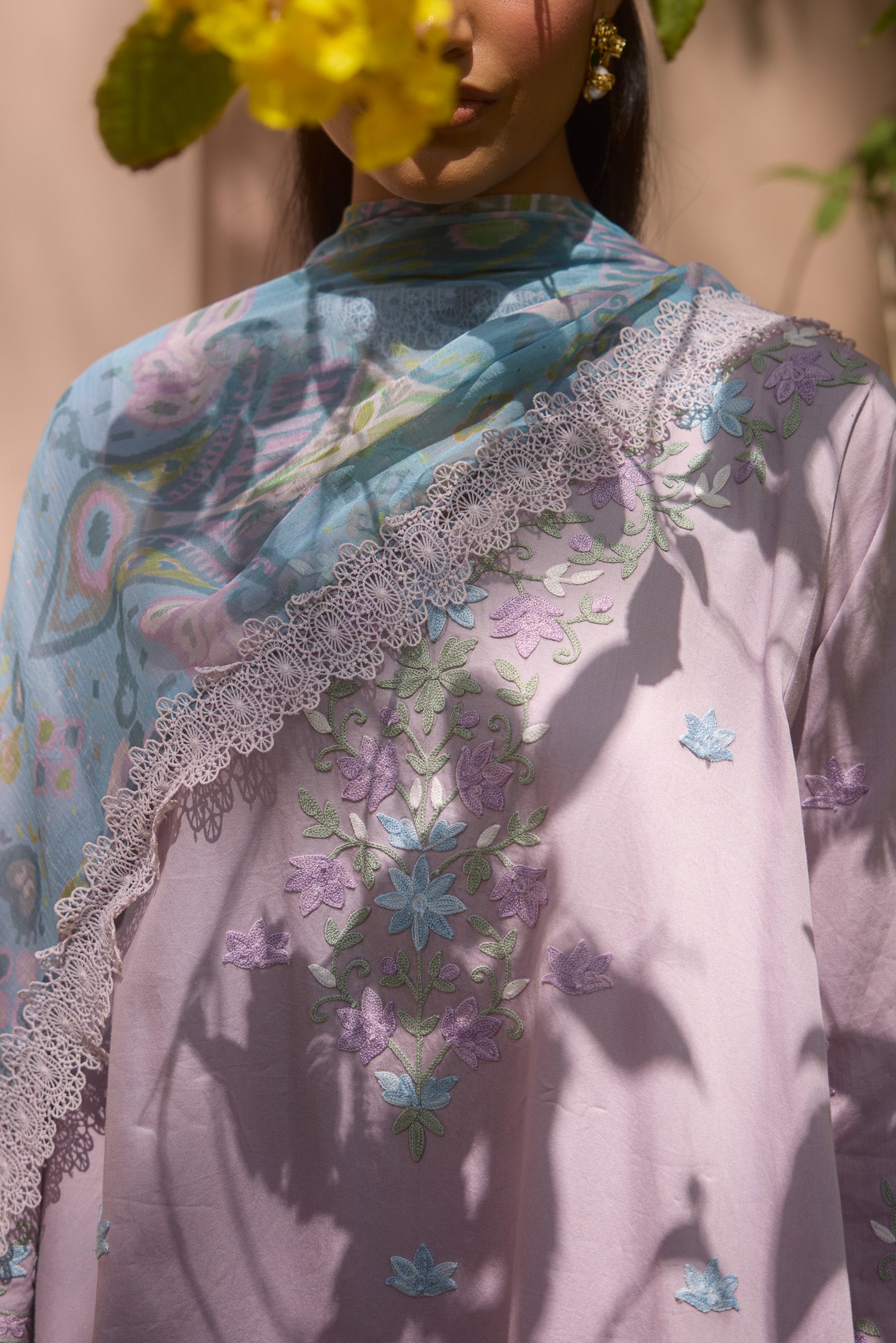 Lavender Cotton Aari Pheran Set with Wide Palazzo Pants