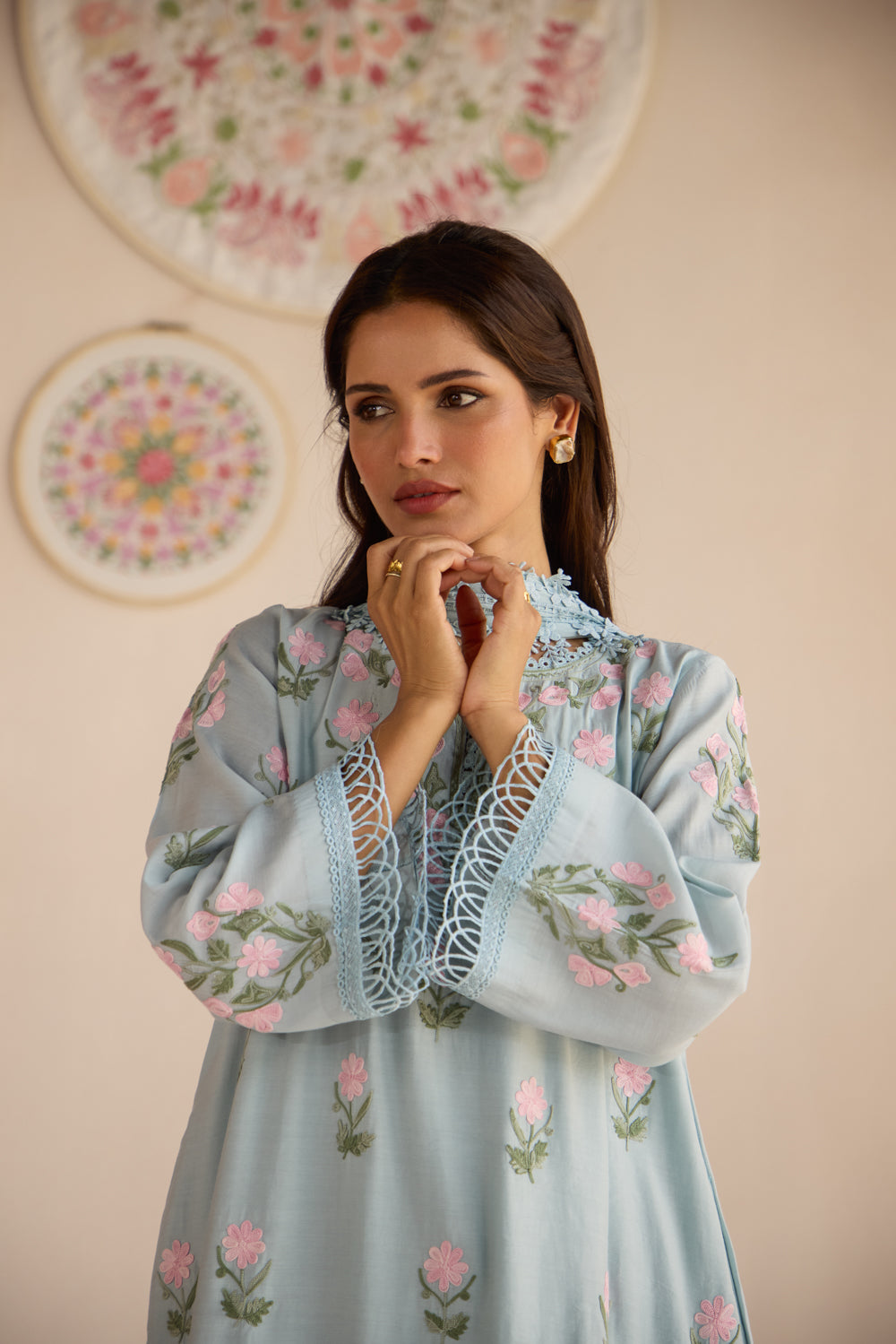 Fiza Soft Blue Aari Kurta Set with Chiffon Fringe Dupatta & Flare Pants