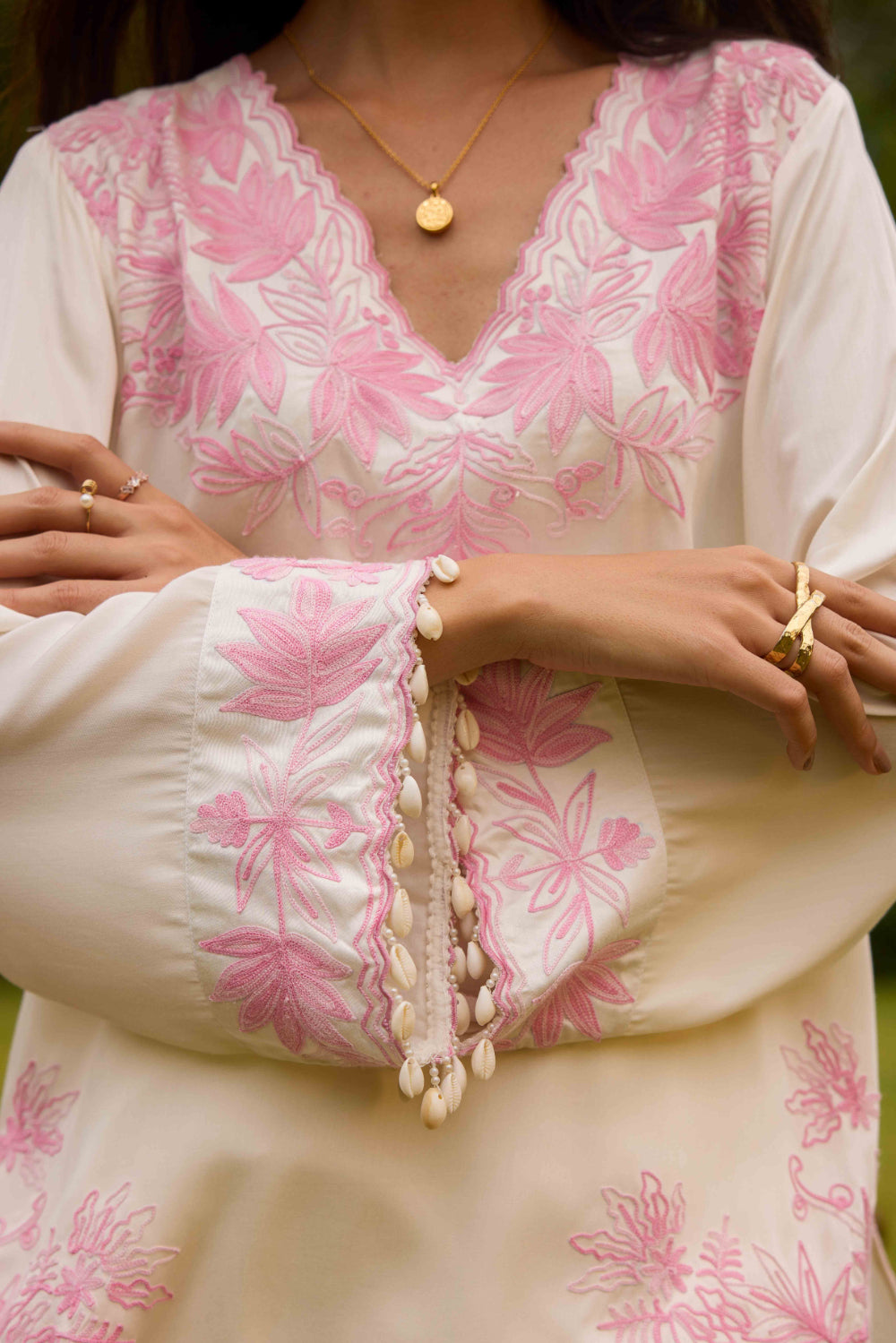 White & Pink Co-ord Set with Embroidered Flared Pants