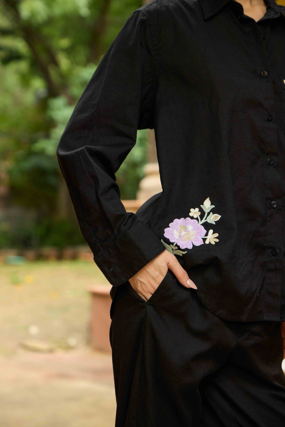 Black Linen Co-ord Set with Flared Embroidered Pants