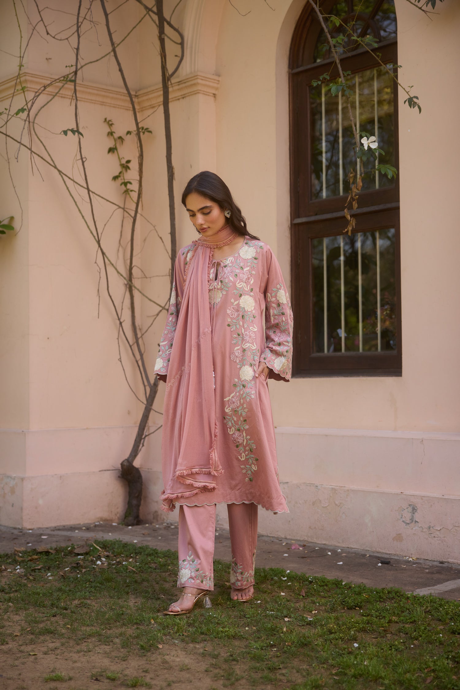 Rosewood Cotton Aari Pheran Set with Flared Pants