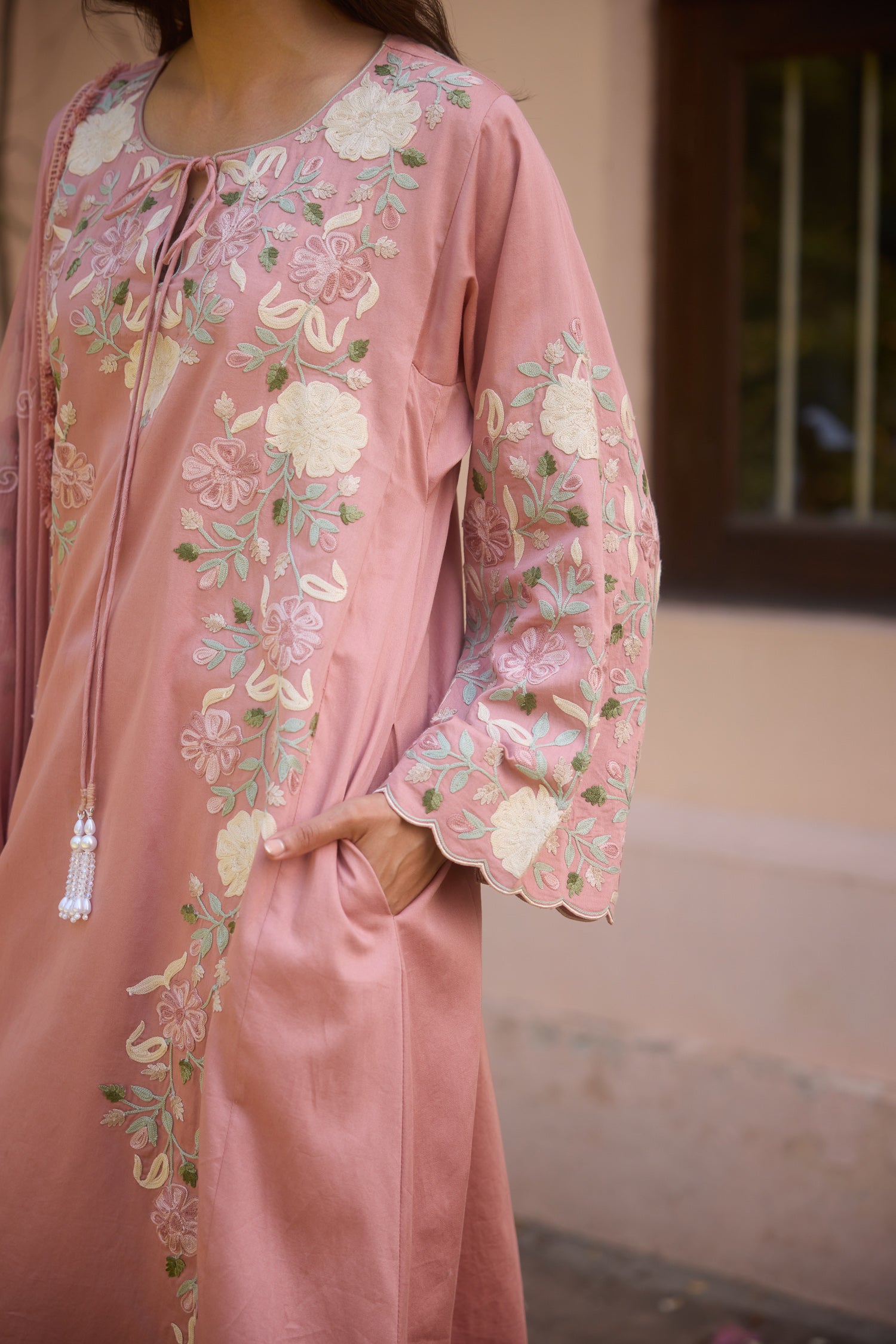 Rosewood Cotton Aari Pheran Set with Flared Pants