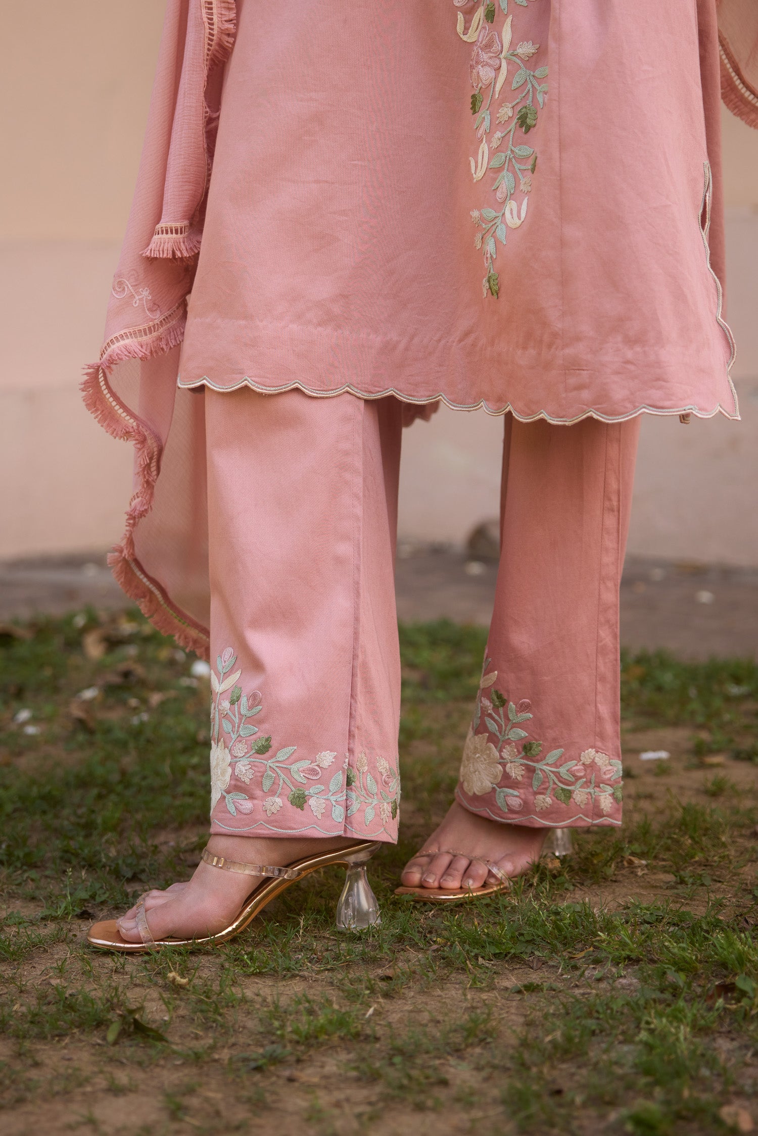 Rosewood Cotton Aari Pheran Set with Flared Pants