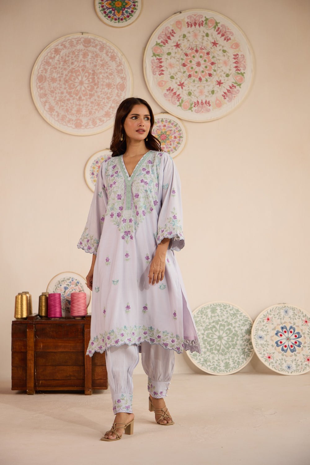 Lilac Cotton Aari Pheran Set with Harem Pants & Chiffon Dupatta