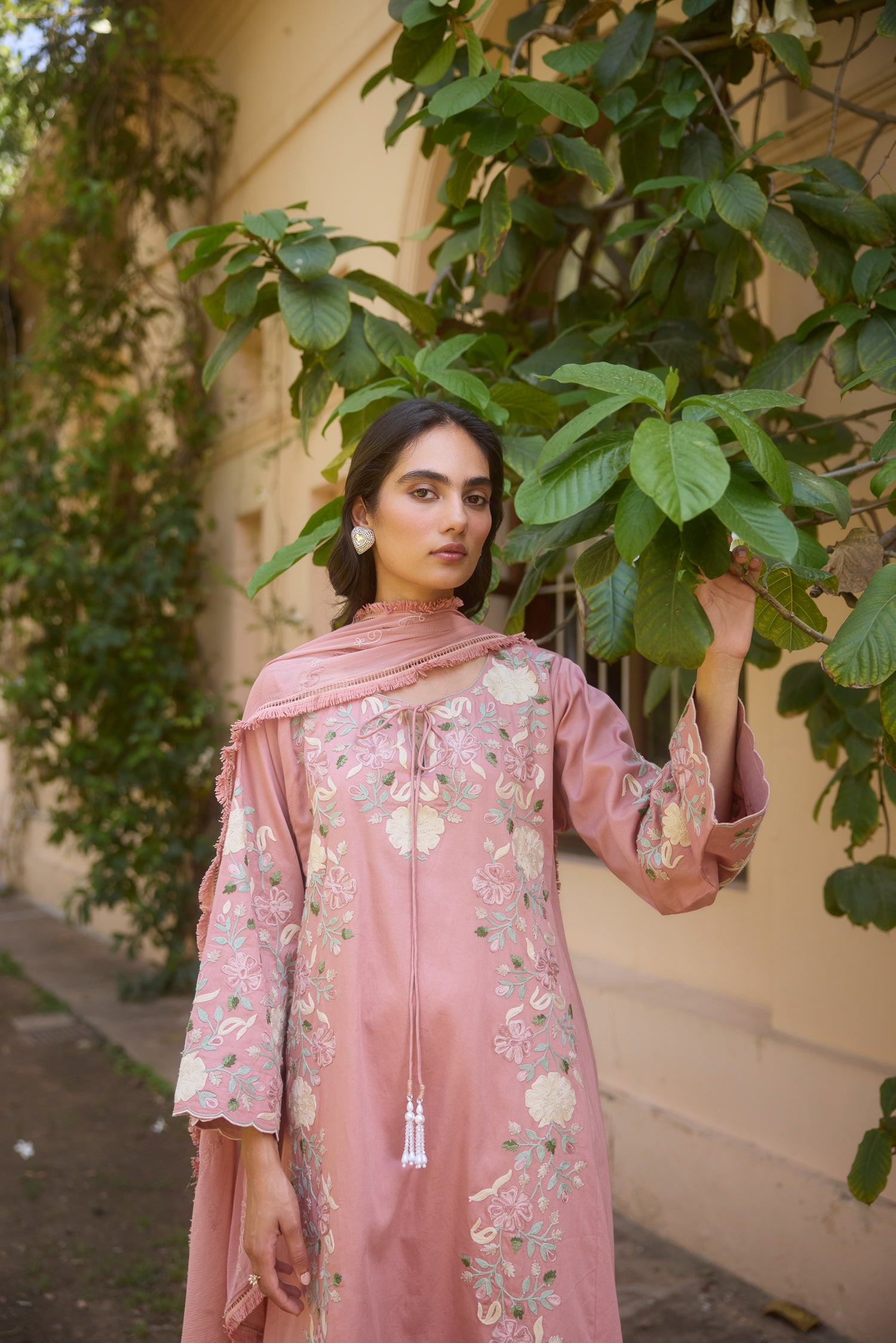 Rosewood Cotton Aari Pheran Set with Flared Pants
