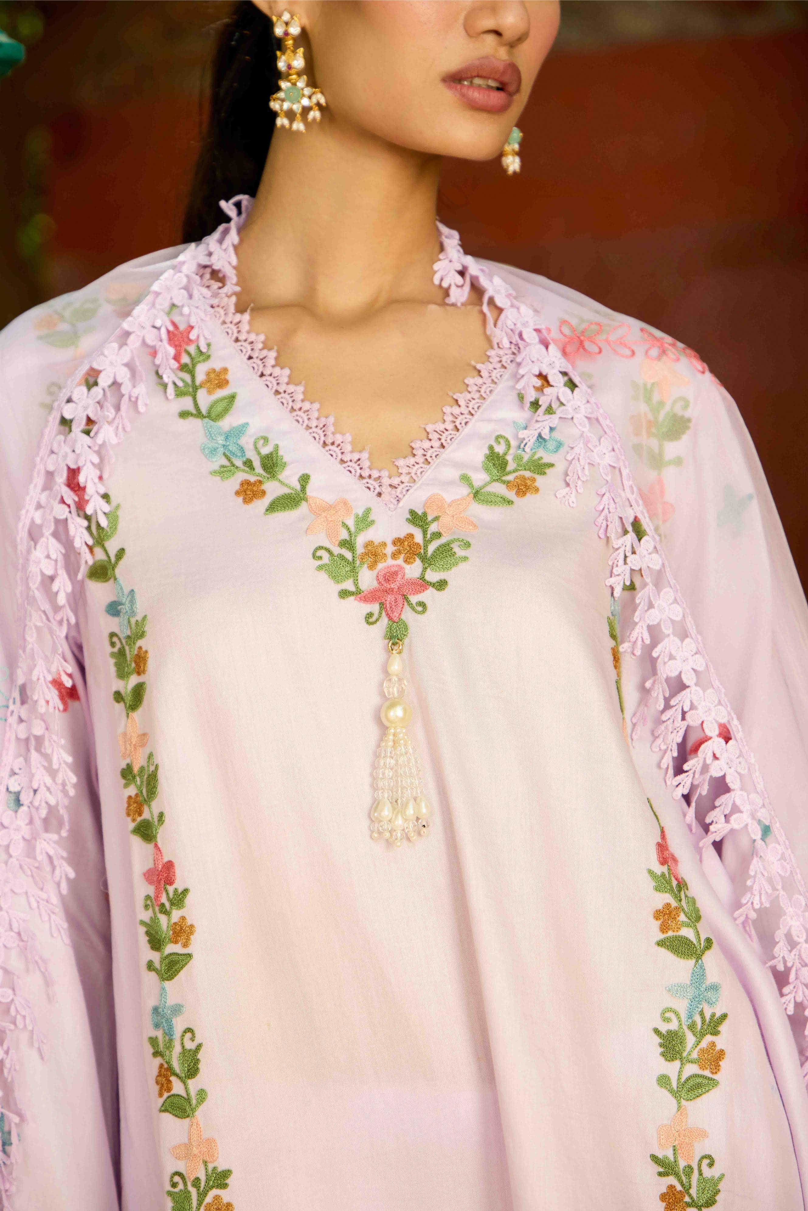 Lilac Bloom Cotton Kalidar Pheran Set with Flared Pants