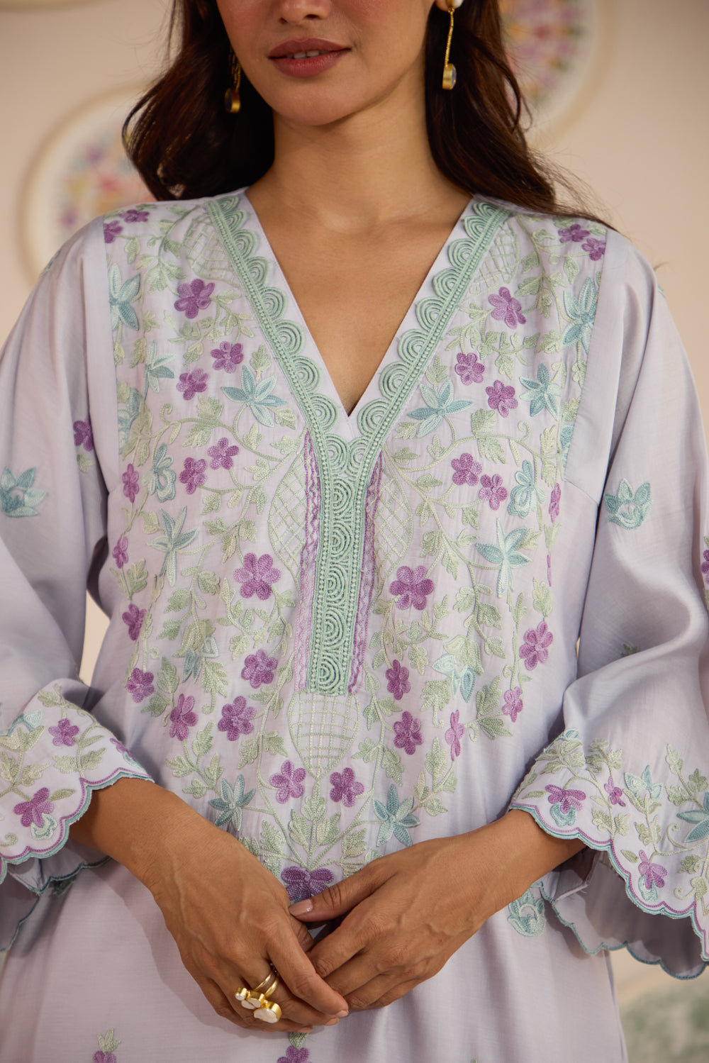 Lilac Cotton Aari Pheran Set with Harem Pants & Chiffon Dupatta