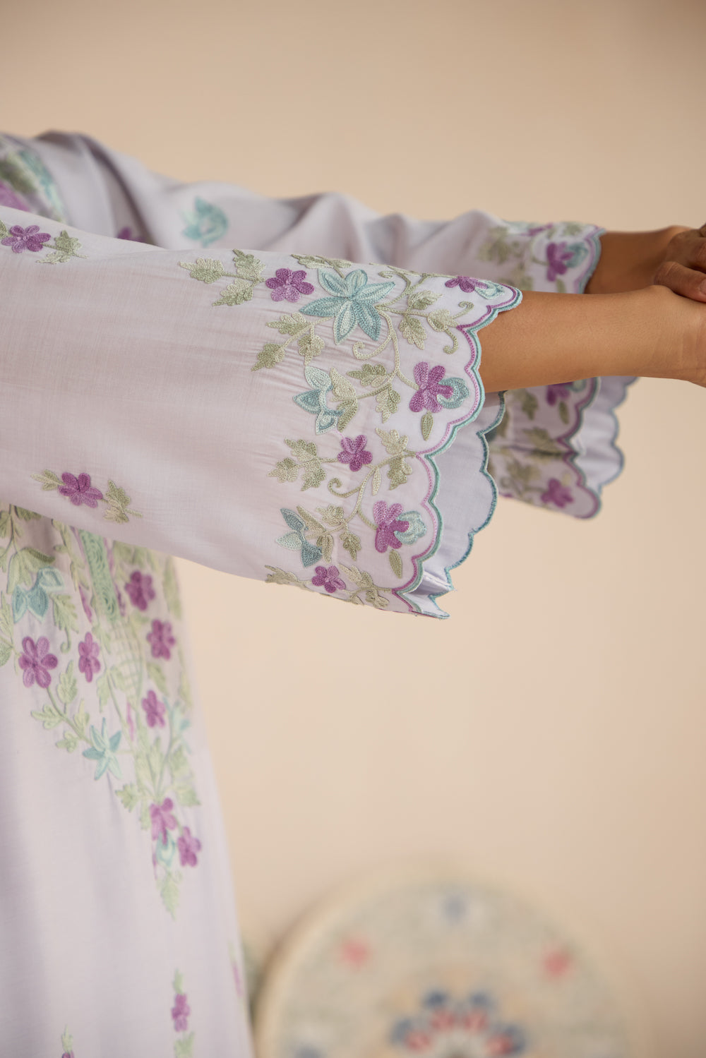 Lilac Cotton Aari Pheran Set with Harem Pants & Chiffon Dupatta