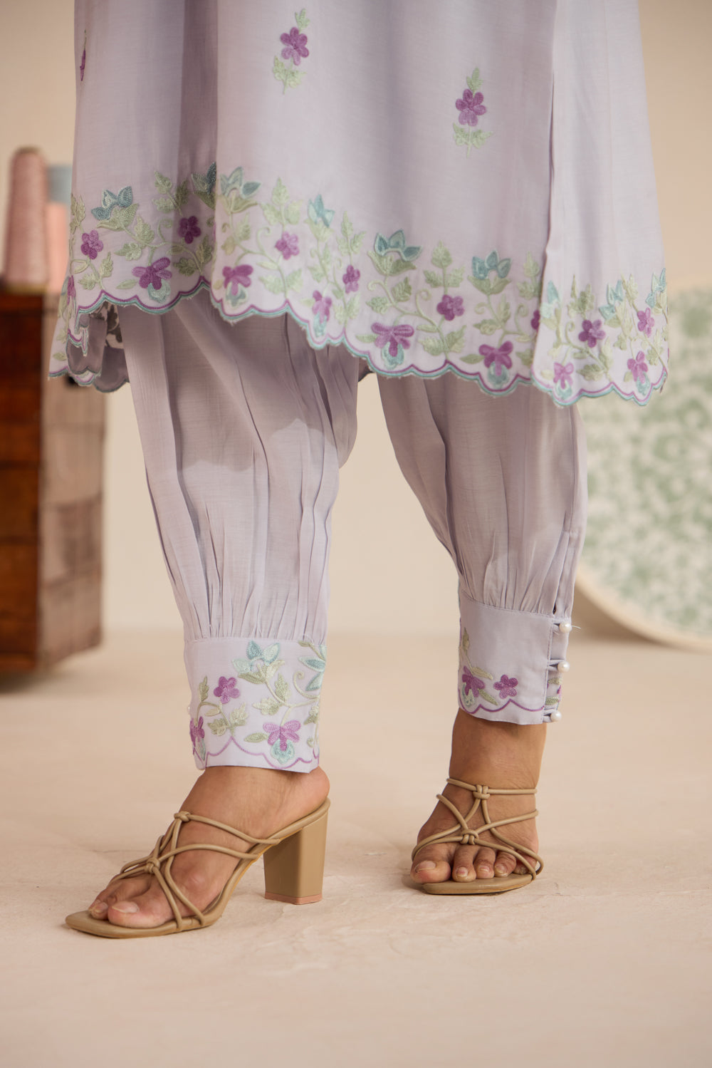 Lilac Cotton Aari Pheran Set with Harem Pants & Chiffon Dupatta