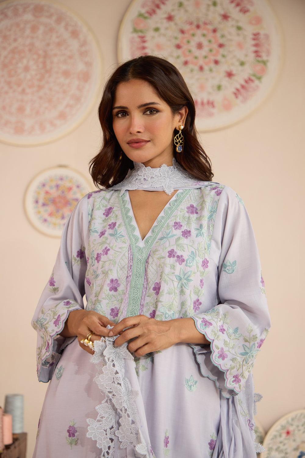 Lilac Cotton Aari Pheran Set with Harem Pants & Chiffon Dupatta