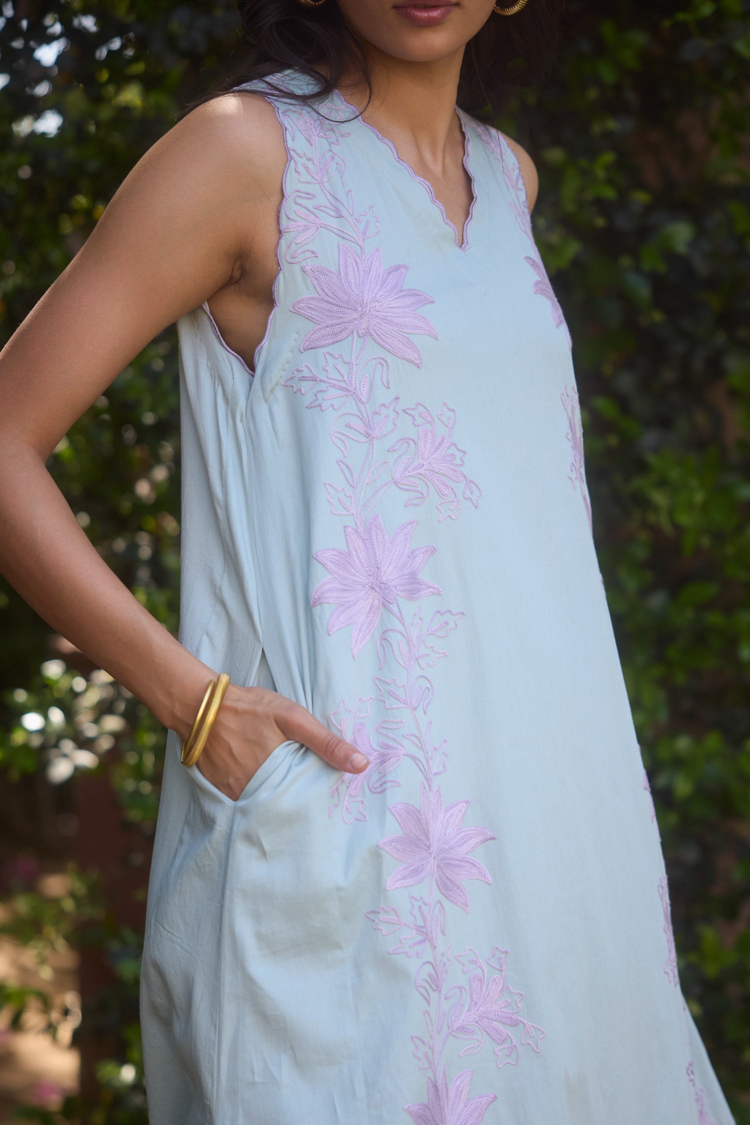 Green Mist Cotton Aari Sleeveless Kurta Set with Salwar Pants