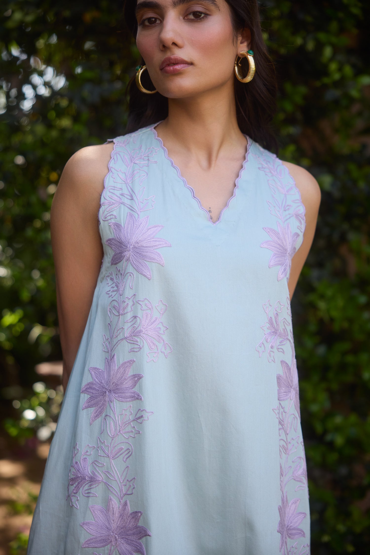 Green Mist Cotton Aari Sleeveless Kurta Set with Salwar Pants