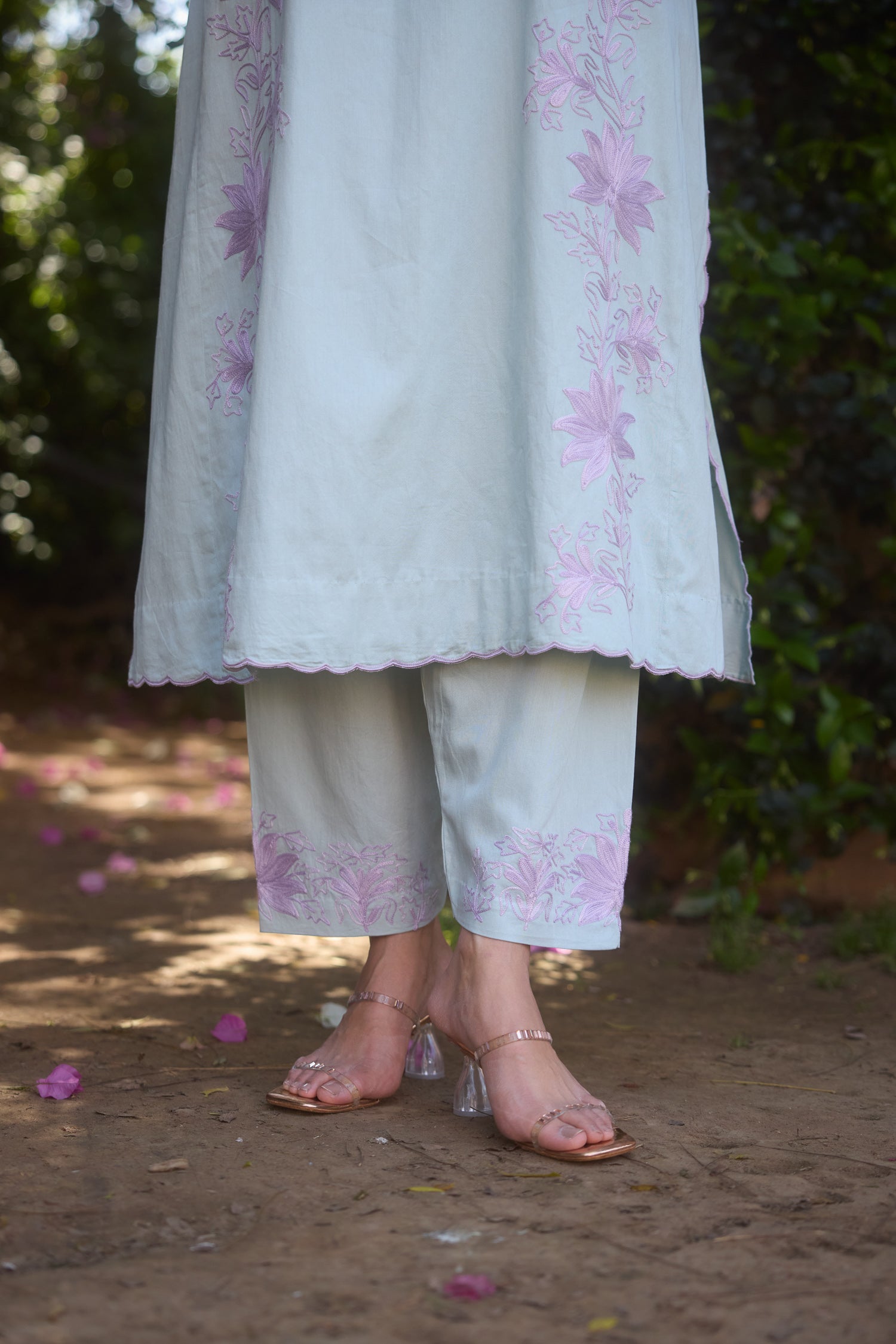 Green Mist Cotton Aari Sleeveless Kurta Set with Salwar Pants