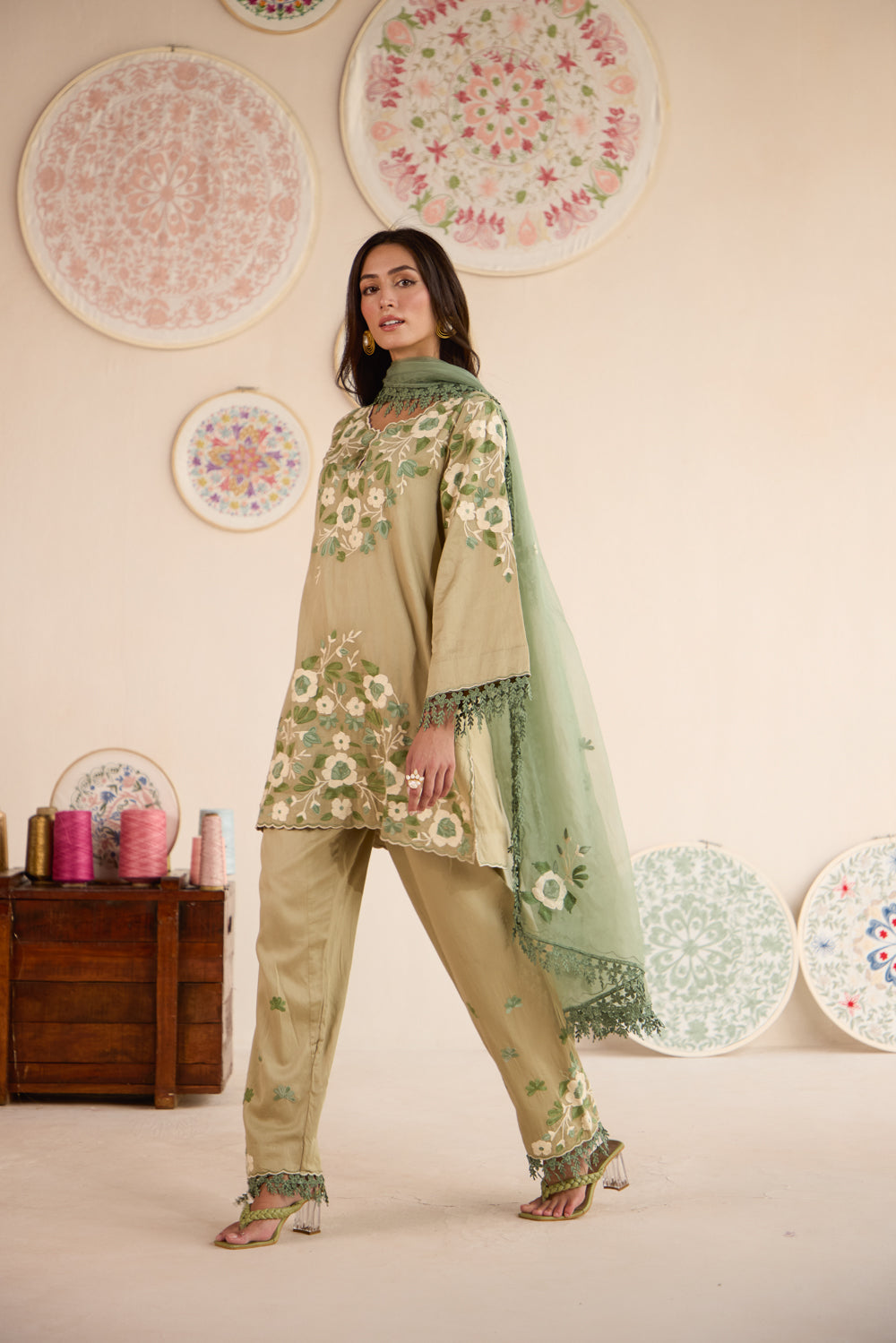 Seher Olive Cotton Aari Short Pheran Set with Salwar Pants & Organza Dupatta