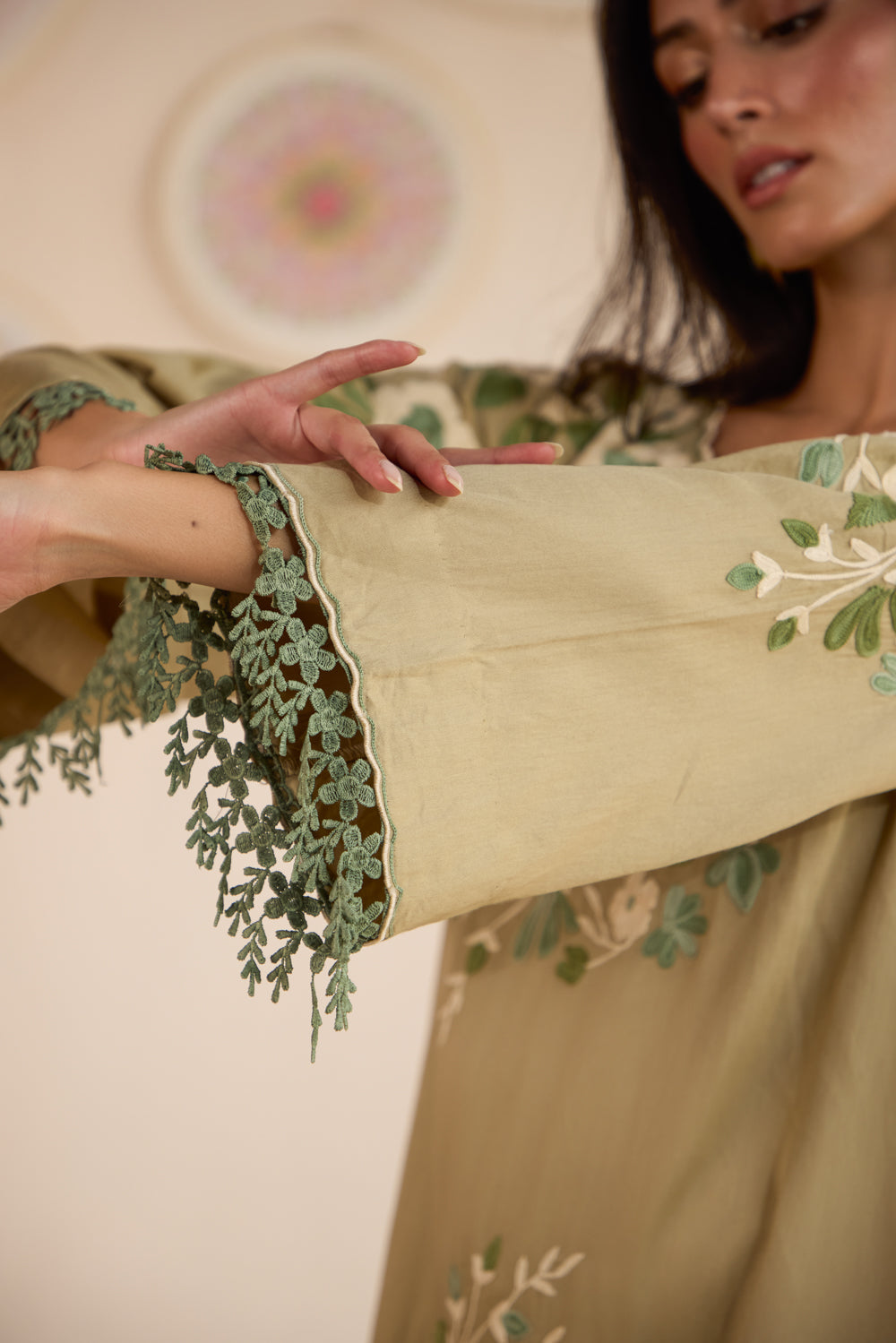 Seher Olive Cotton Aari Short Pheran Set with Salwar Pants & Organza Dupatta