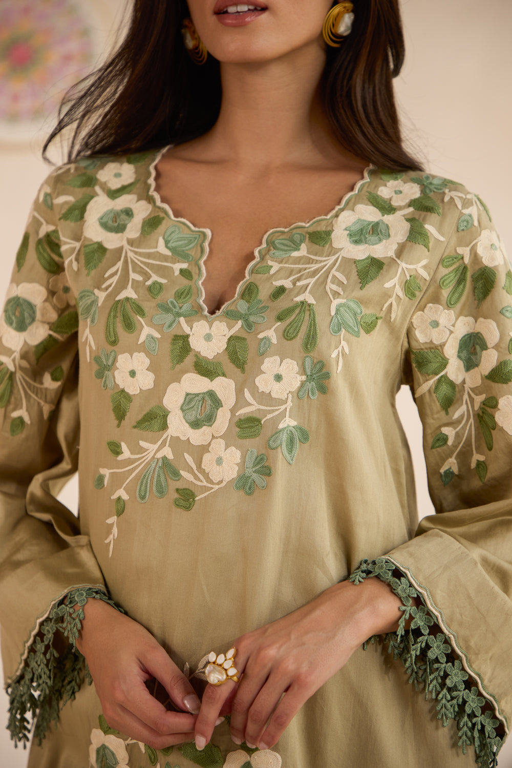 Seher Olive Cotton Aari Short Pheran Set with Salwar Pants & Organza Dupatta