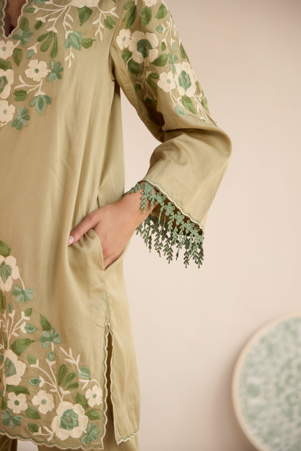 Seher Olive Cotton Aari Short Pheran Set with Salwar Pants & Organza Dupatta