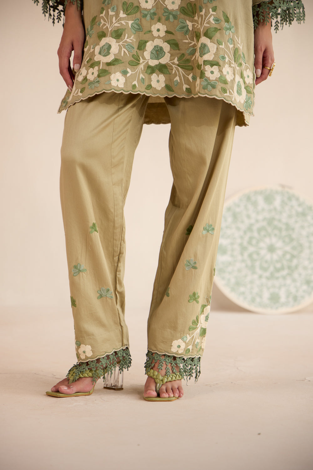 Seher Olive Cotton Aari Short Pheran Set with Salwar Pants & Organza Dupatta