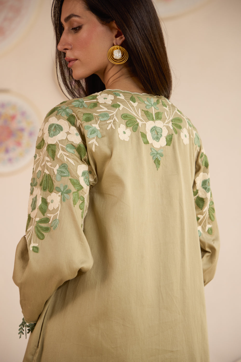 Seher Olive Cotton Aari Short Pheran Set with Salwar Pants & Organza Dupatta