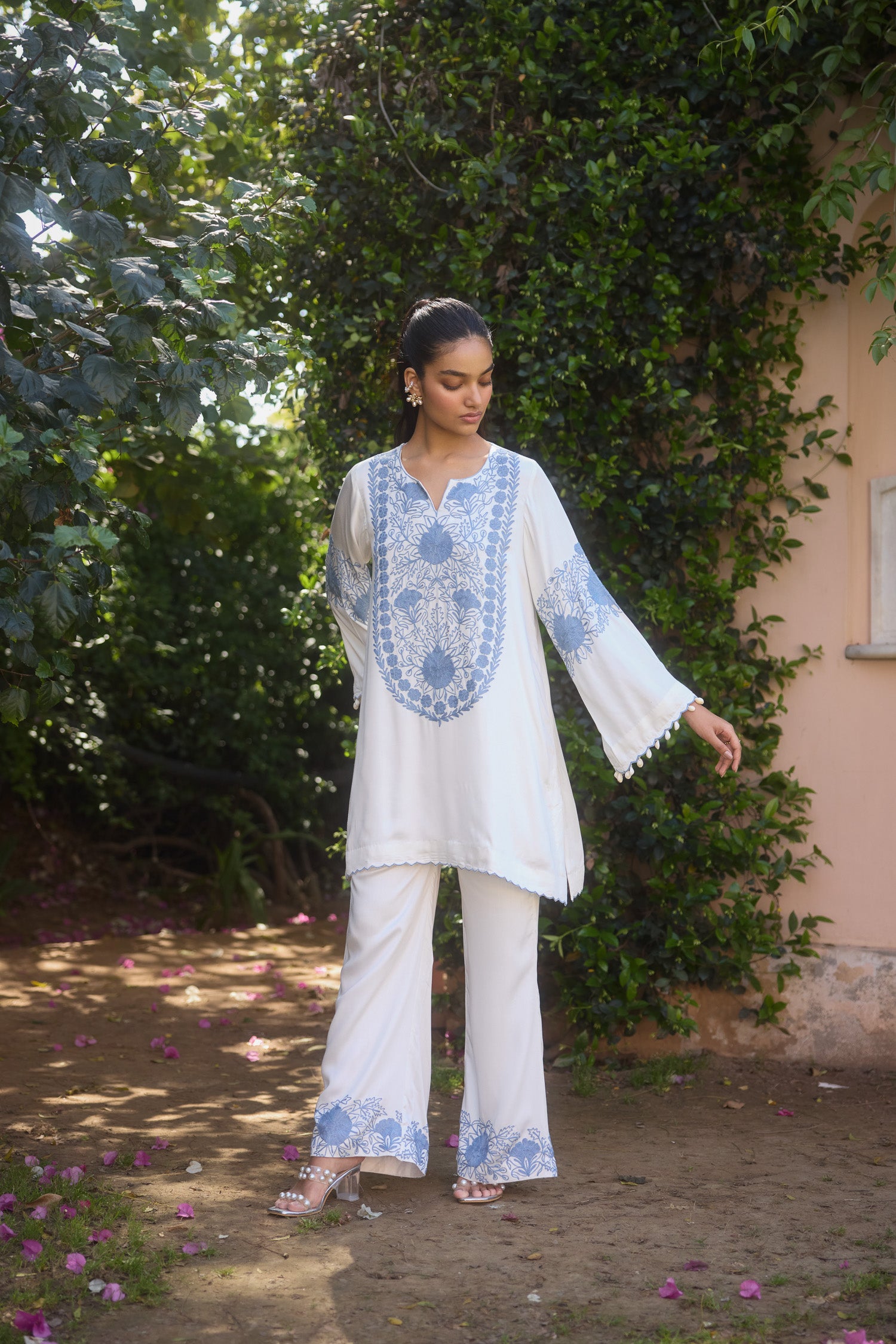 Bloom White & Blue Aari Coord Set
