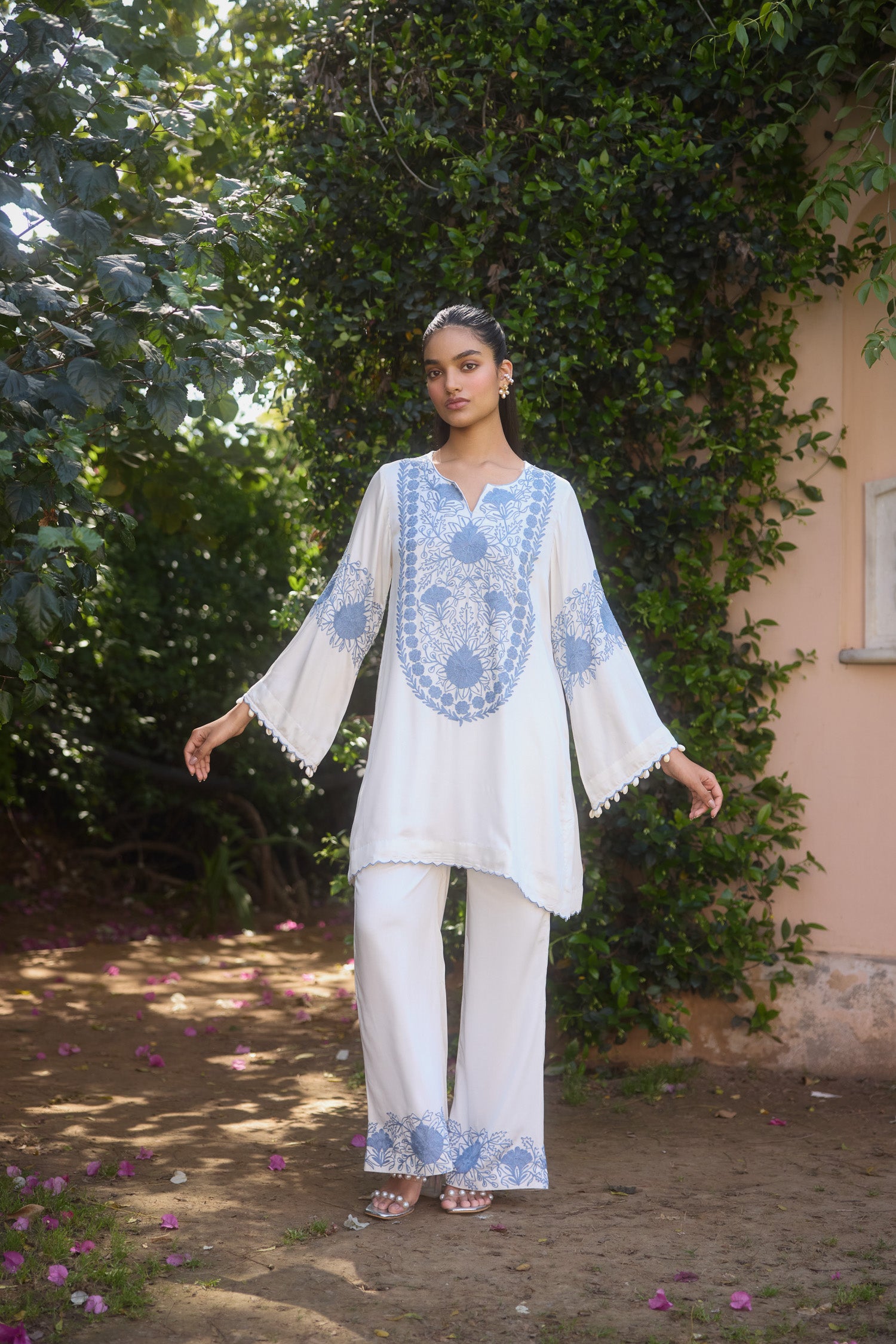 Bloom White & Blue Aari Coord Set
