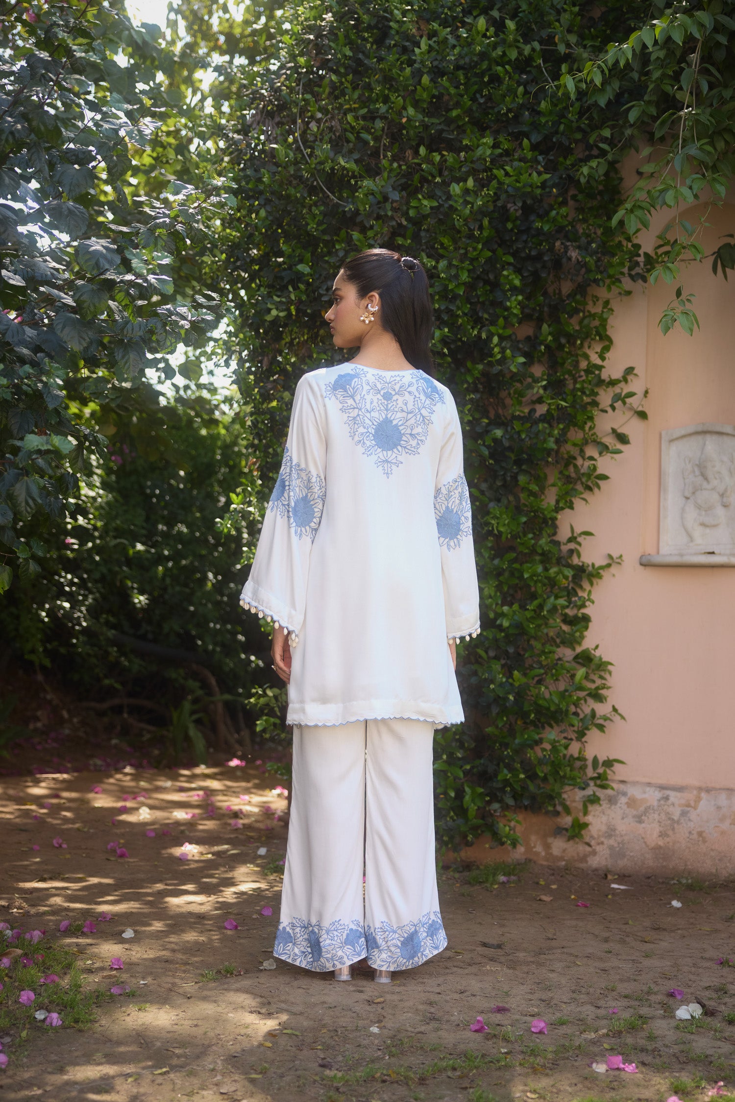 Bloom White & Blue Aari Coord Set