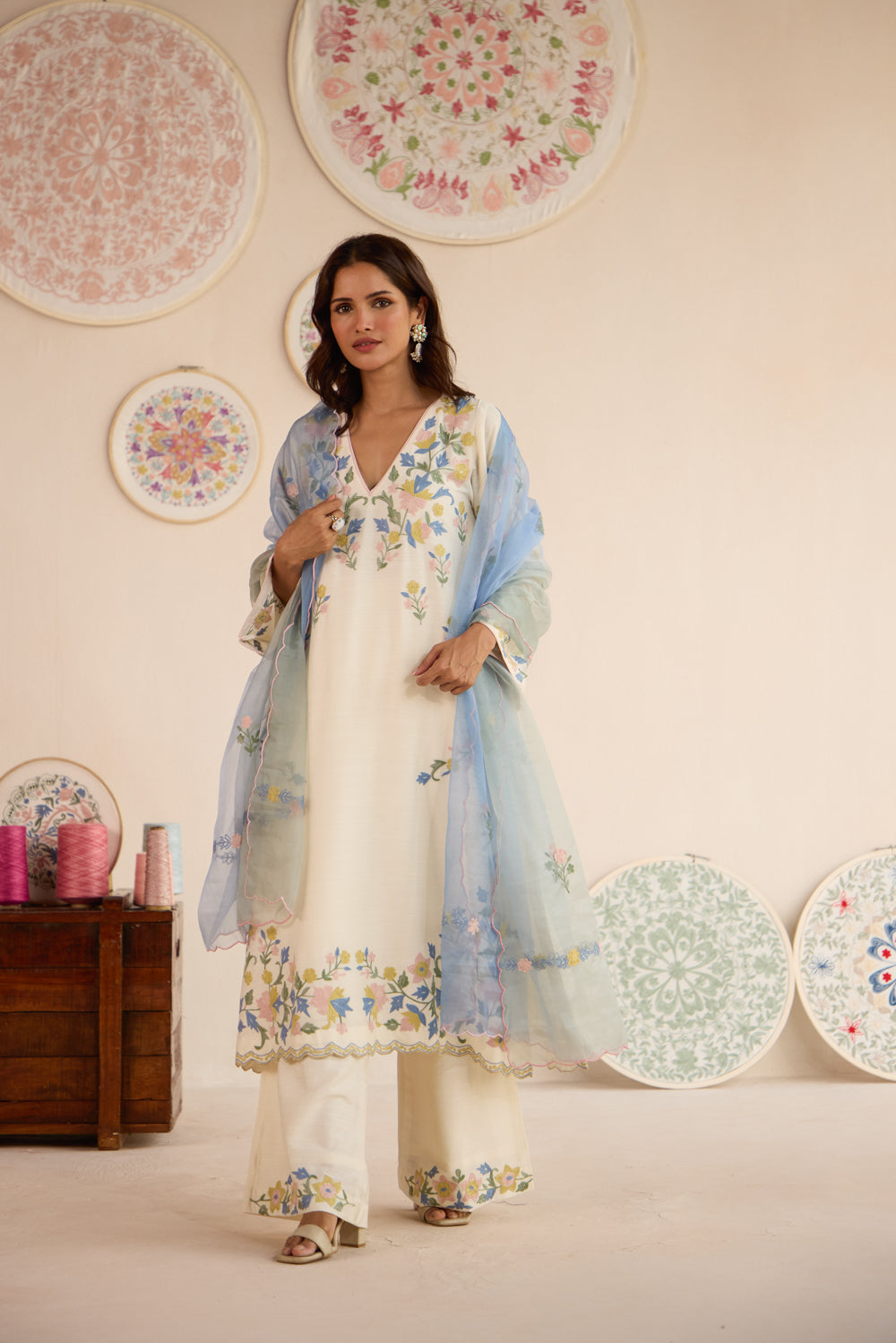 Gul Ivory Raw Silk Aari Kurta Set with Flared Pants & Ombré Dupatta