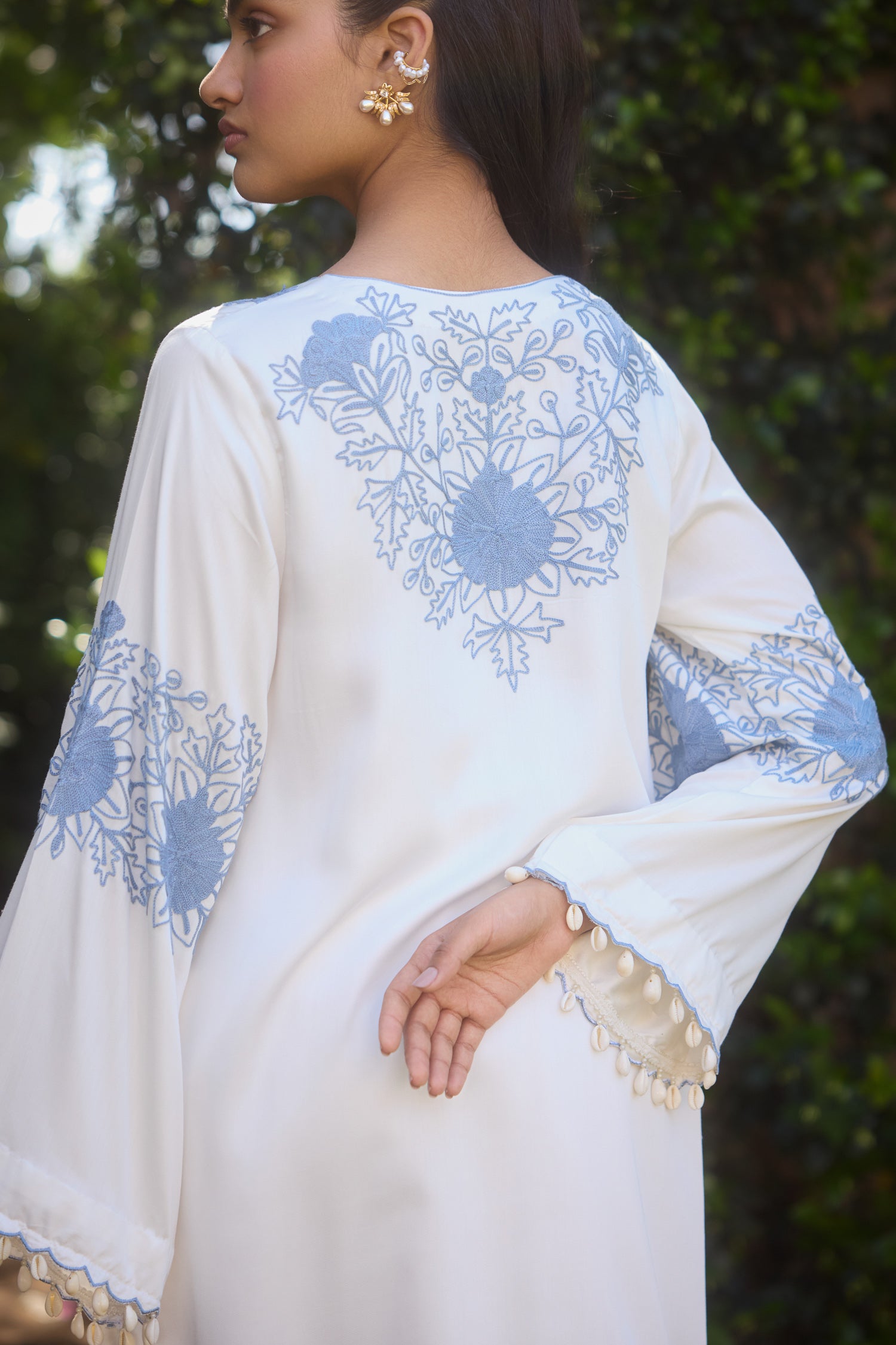 Bloom White & Blue Aari Coord Set