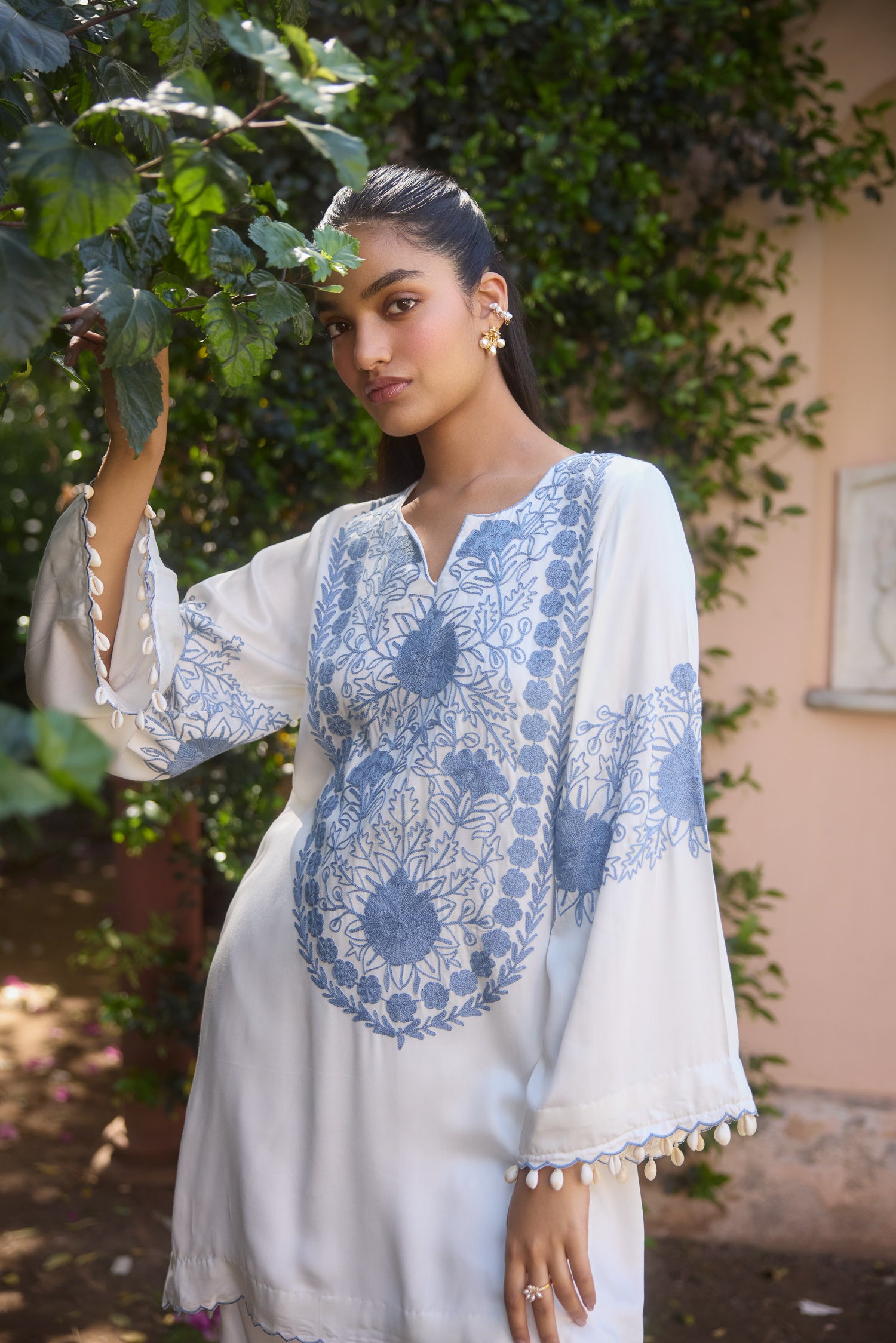 Bloom White & Blue Aari Coord Set