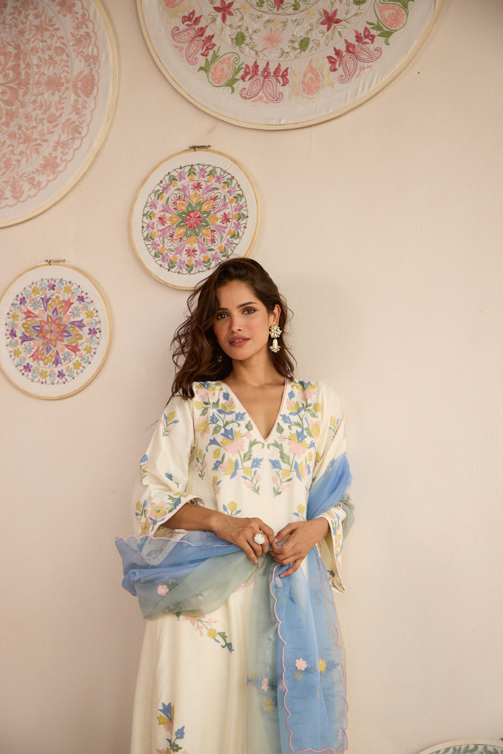Gul Ivory Raw Silk Aari Kurta Set with Flared Pants & Ombré Dupatta