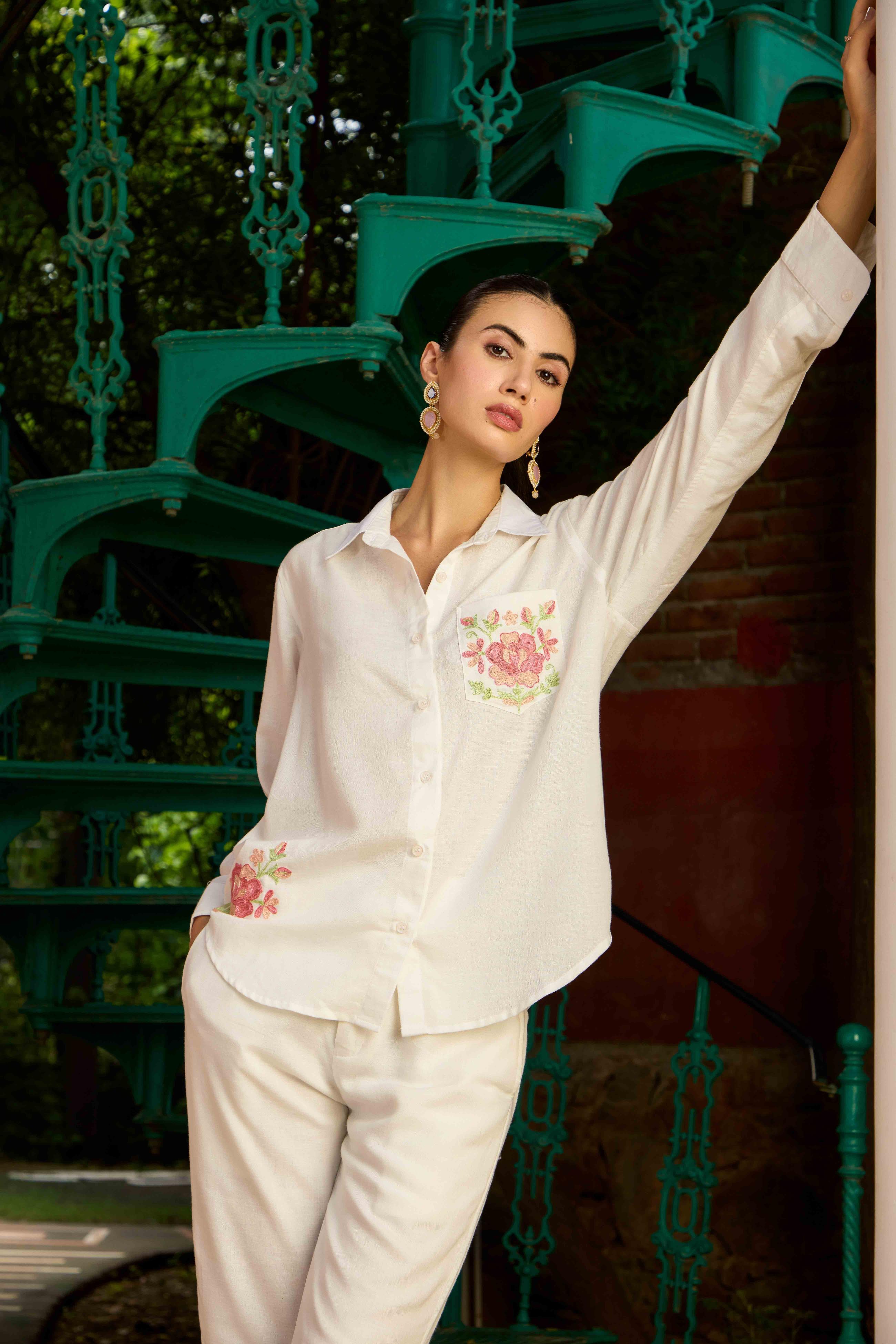 White Linen Co-ord Set with Flared Embroidered Pants