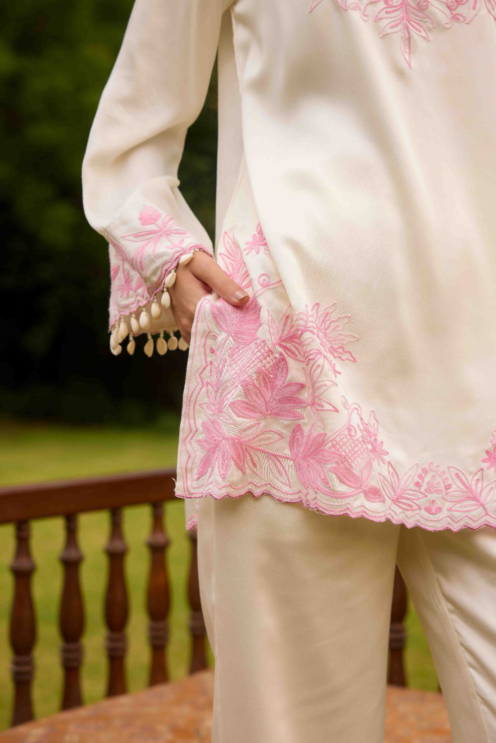 White & Pink Co-ord Set with Embroidered Flared Pants