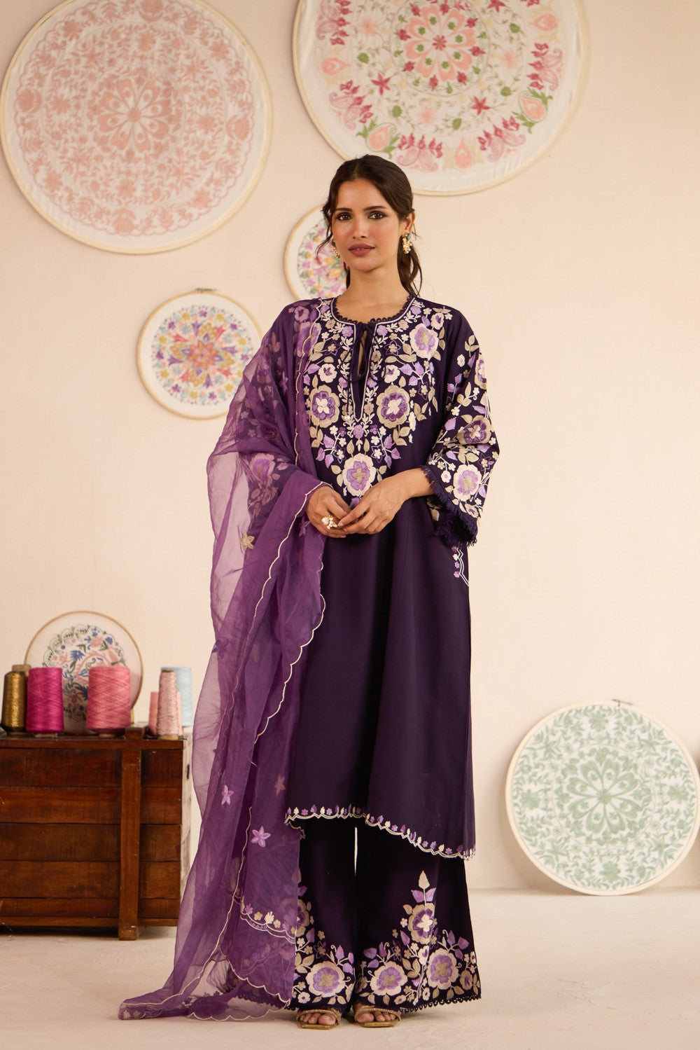 Purple Raw Silk Aari Embroidered Pheran Set with Flared Pants & Organza Scalloped Dupatta