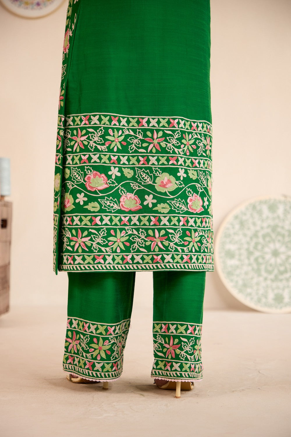 Emerald Green Aari Embroidered Jaal Jacket Set with Inner & Pants