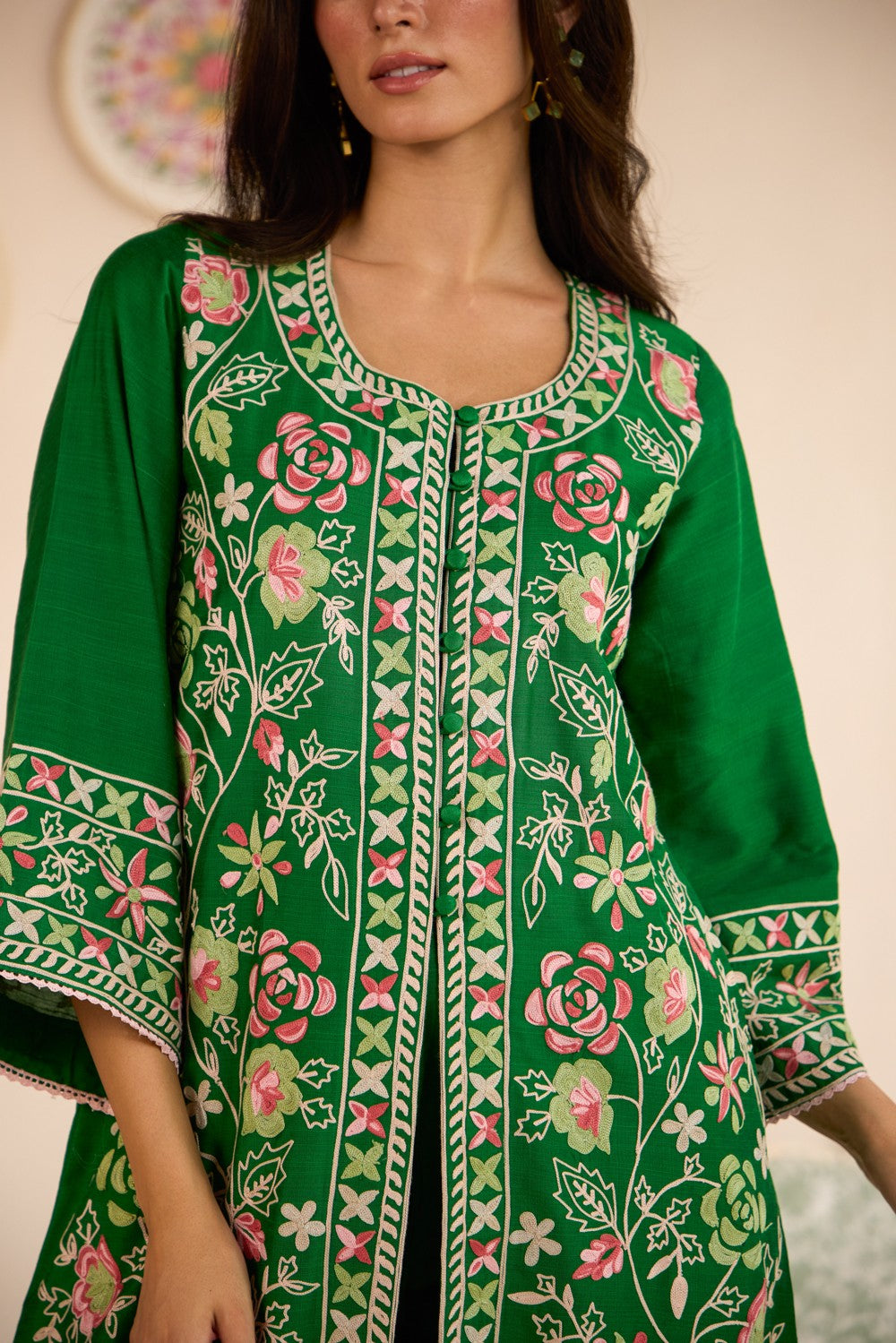 Emerald Green Aari Embroidered Jaal Jacket Set with Inner & Pants