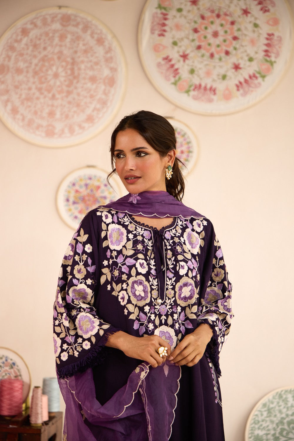 Purple Raw Silk Aari Embroidered Pheran Set with Flared Pants & Organza Scalloped Dupatta